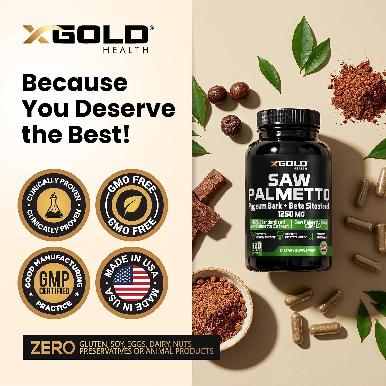 X Gold Health Saw Palmetto Complex for Men 1250Mg – Prostate & Urinary Support with Beta Sitosterol & Pygeum Bark – DHT Blocker for Hair Growth – 120 Veggie Capsules
