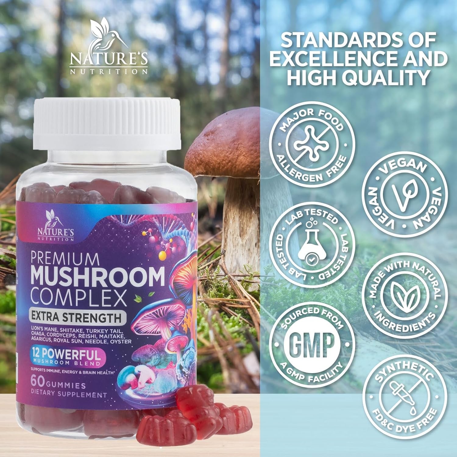 Mushroom Gummies Supplement 12 in 1 - High Grade Blend for Adults with Lions Mane, Reishi, Cordyceps, & Chaga Mushroom Complex Gummy, Memory & Immune Support & Nootropic Brain Supplements - 60 Gummies