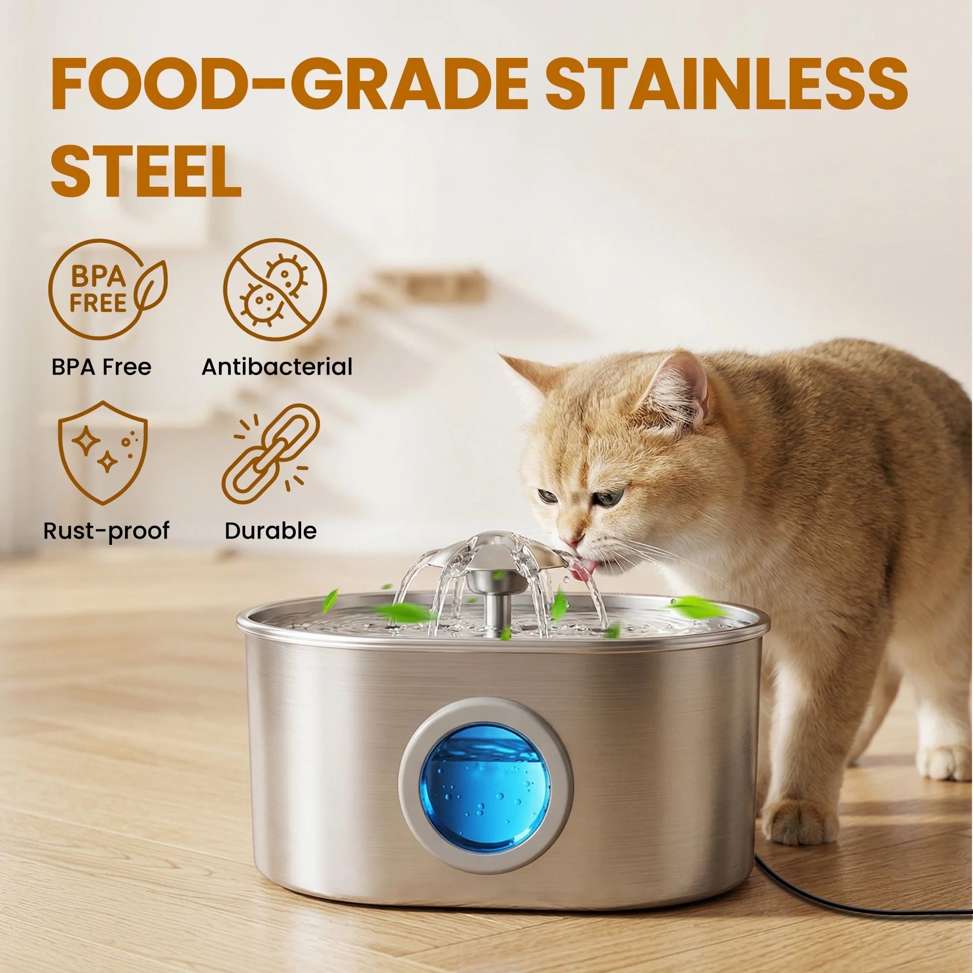 Cat Water Fountain Stainless Steel, 74Oz 2.2L Pet Water Dispenser with LED Light, Visible Water Window, 3 Filters for Cats and Pets