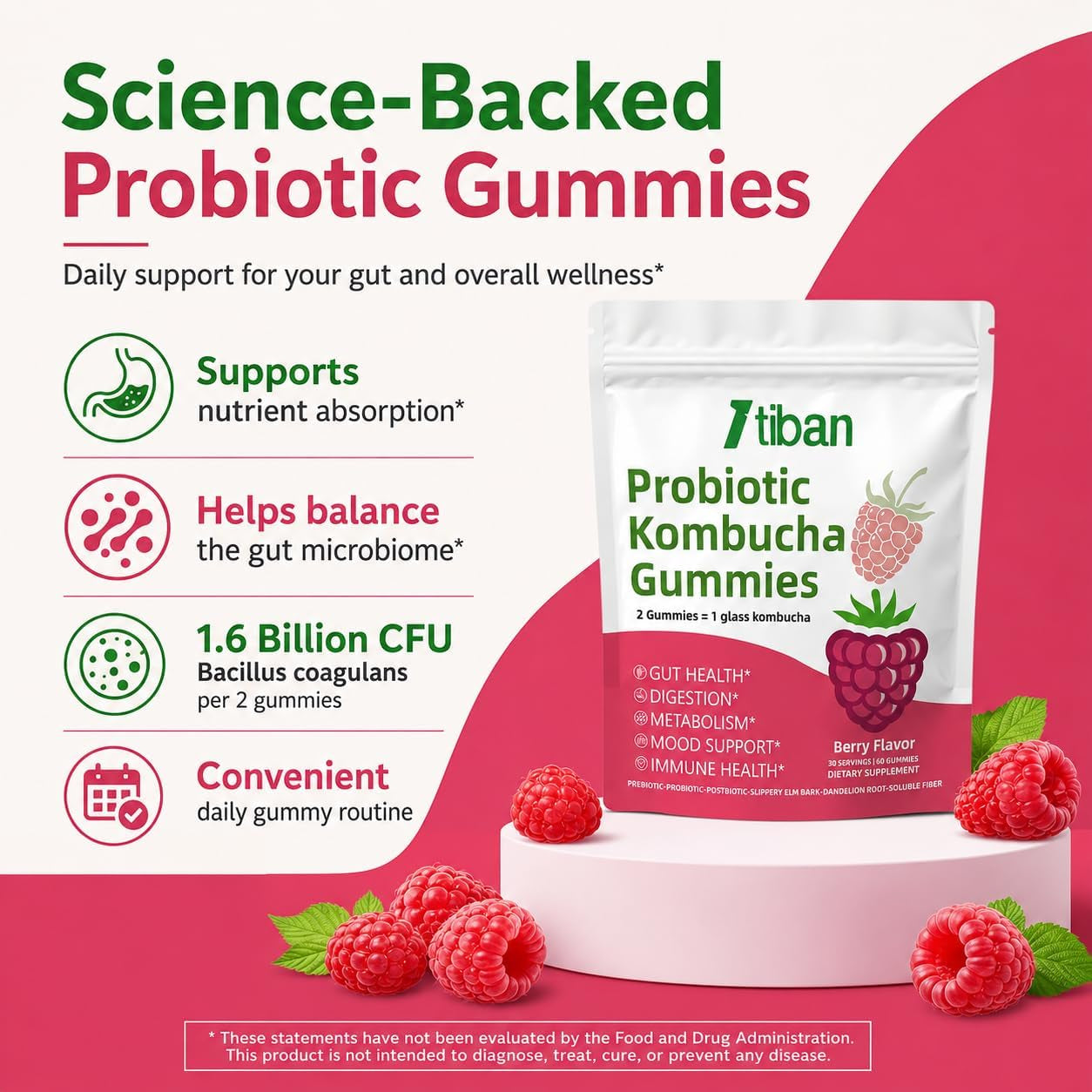Probiotic Kombucha Gummy - Prebiotics, Probiotics, Postbiotics, Fiber Supplement, Slippery Elm for Bloating, Gut Health, Women and Men, 60Ct