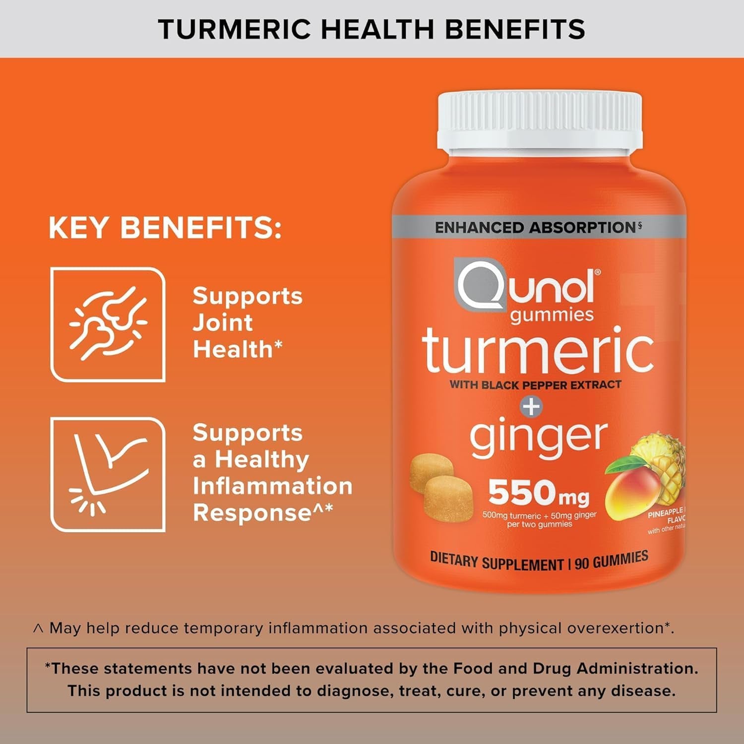 Qunol Turmeric and Ginger with Black Pepper Gummies, Turmeric Curcumin Supplement, Joint Health Support Gummy, 90Ct Gummies