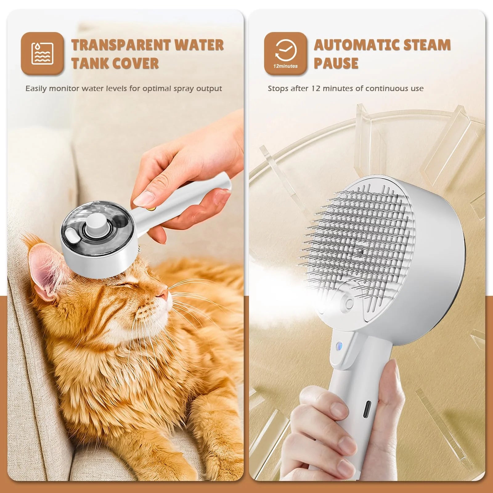 Cat Brush - 4-In-1 Cat Steam Brush for Shedding, Self-Cleaning, Grooming & Massage, Pet Spray Hair Removal Comb for Indoor Cats & Dogs, Long/Short Hair, Furry Pet - White