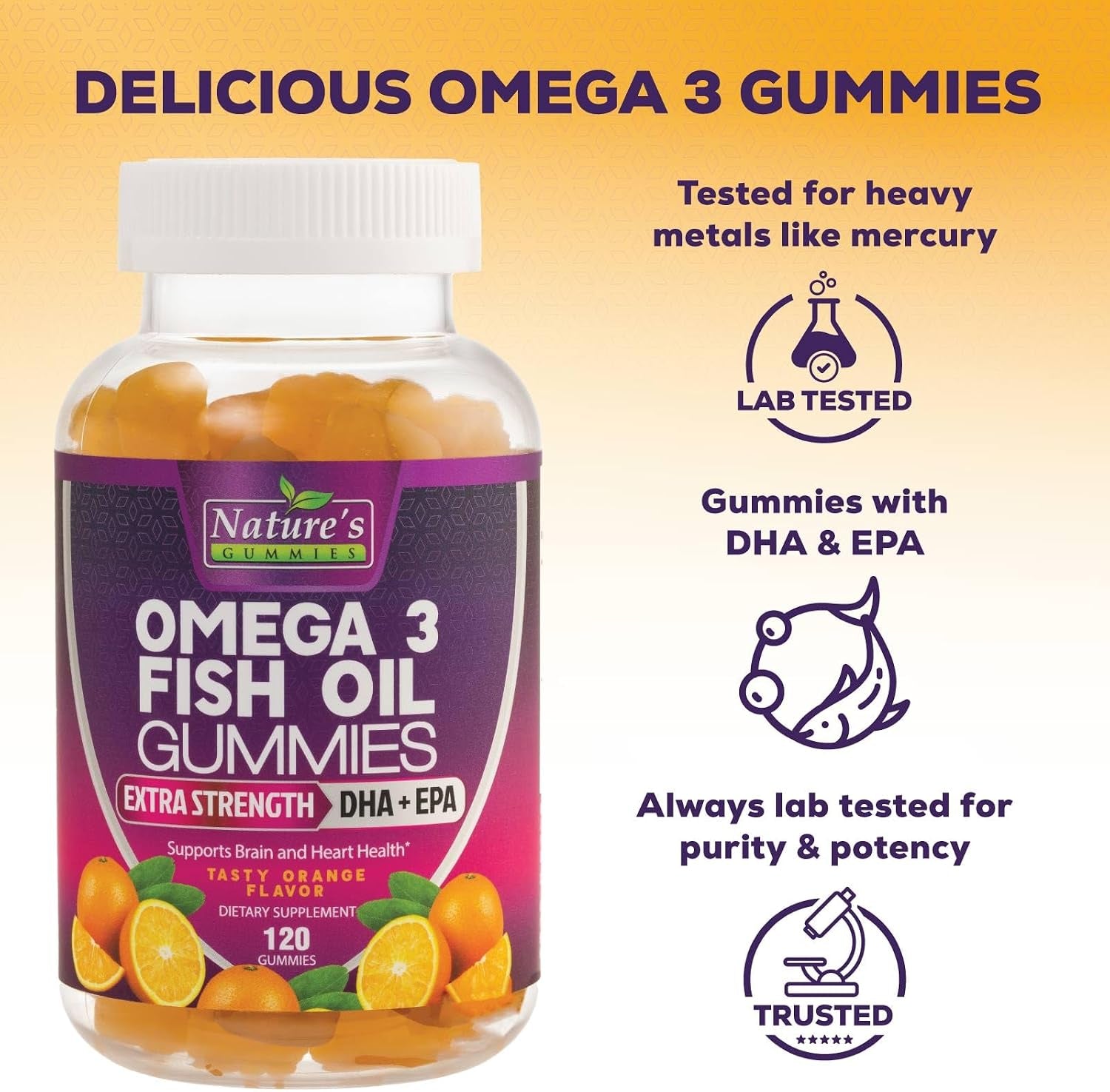Omega 3 Fish Oil Gummies - Extra Strength Omega-3 Supplement with High Absorption EPA & DHA - Best Essential Fatty Acids for Heart Health, Brain & Joint Support, Non-Gmo Orange Flavor - 120 Gummies