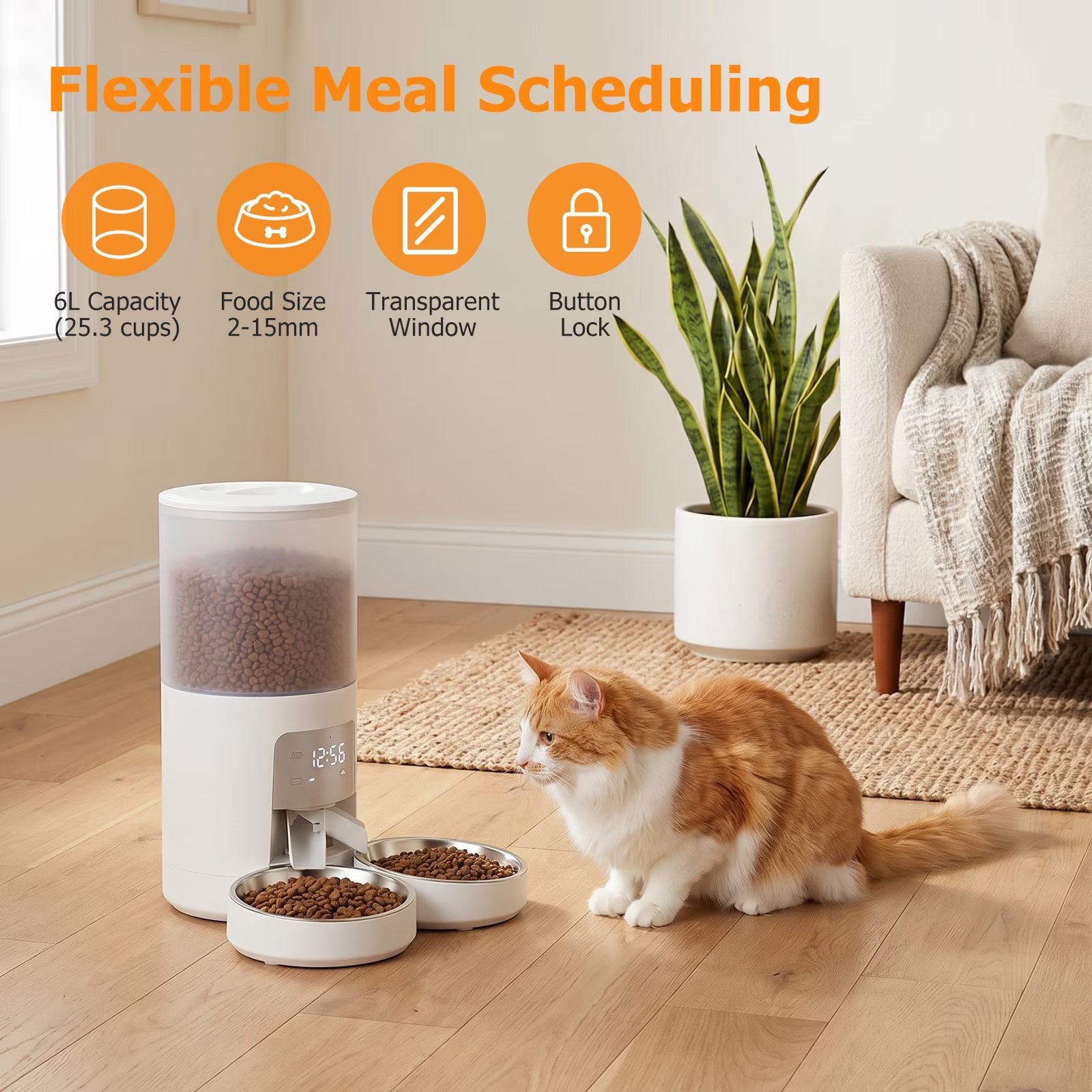 Automatic Cat Feeder, 6L Programmable Pet Food Dispenser with 2 Bowls, Dry Food, Dual Power Supply, Timed Portion Control for Cats & Small Dogs, White