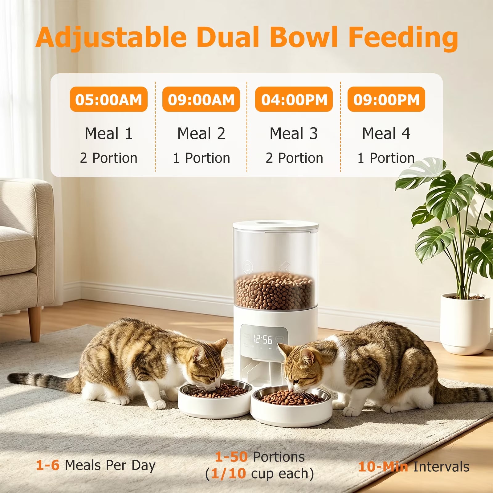 Automatic Cat Feeder, 6L Programmable Pet Food Dispenser with 2 Bowls, Dry Food, Dual Power Supply, Timed Portion Control for Cats & Small Dogs, White