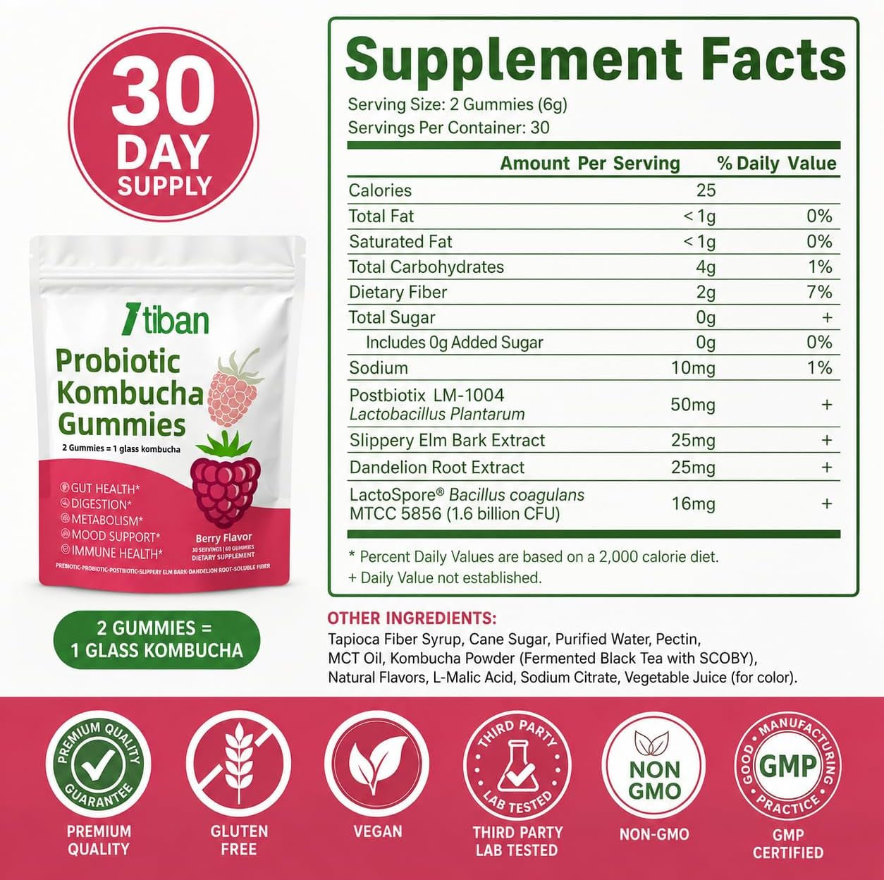 Probiotic Kombucha Gummy - Prebiotics, Probiotics, Postbiotics, Fiber Supplement, Slippery Elm for Bloating, Gut Health, Women and Men, 60Ct