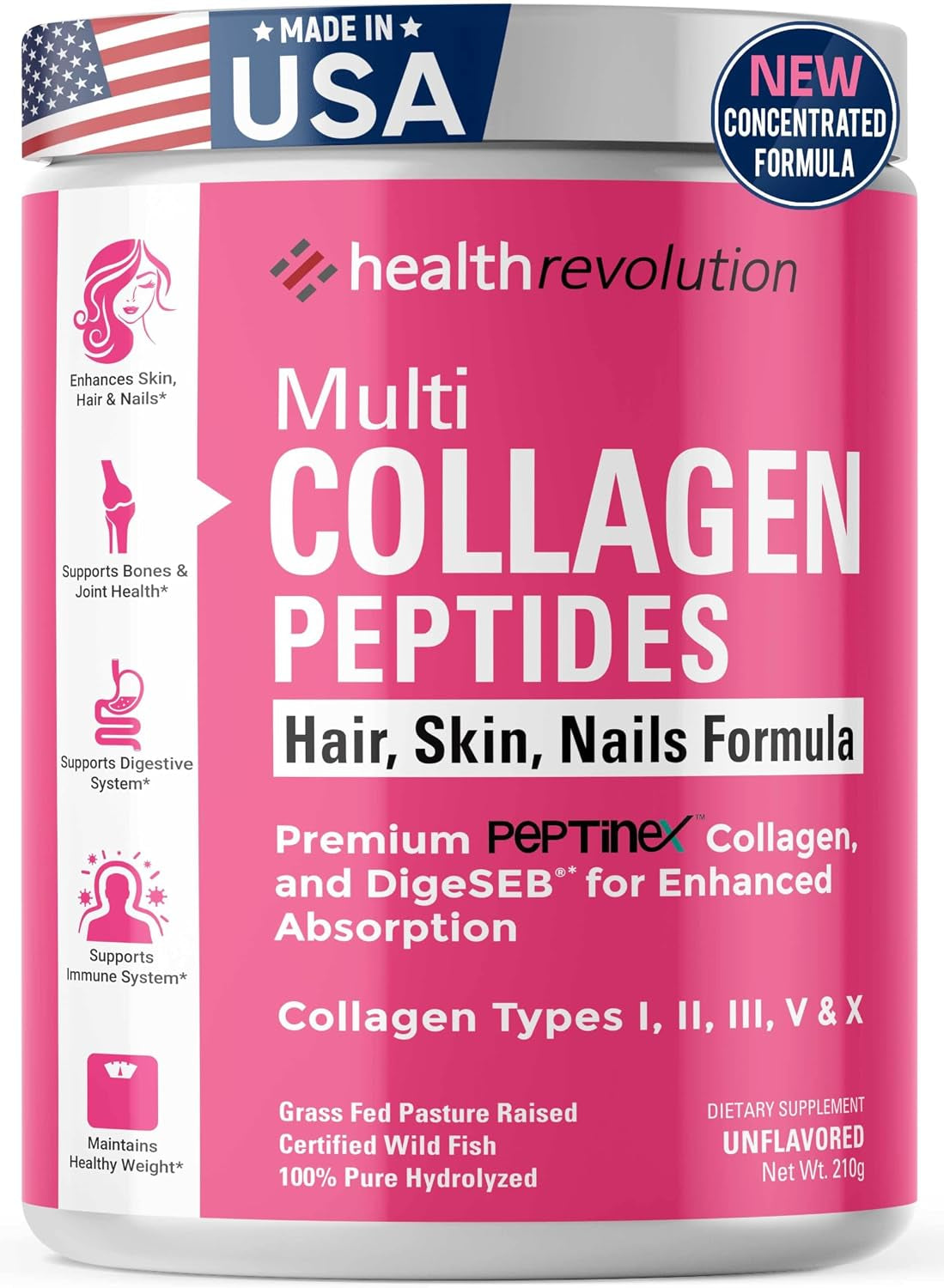 Multi Collagen Peptides Powder – Types I, II, III, V, X, Hydrolyzed Collagen for Women, 99% Absorption, Skin Hair Nails Joints, Triple Refined - No Clumping, Non-Gmo, Gluten Free, Grass Fed Unflavored
