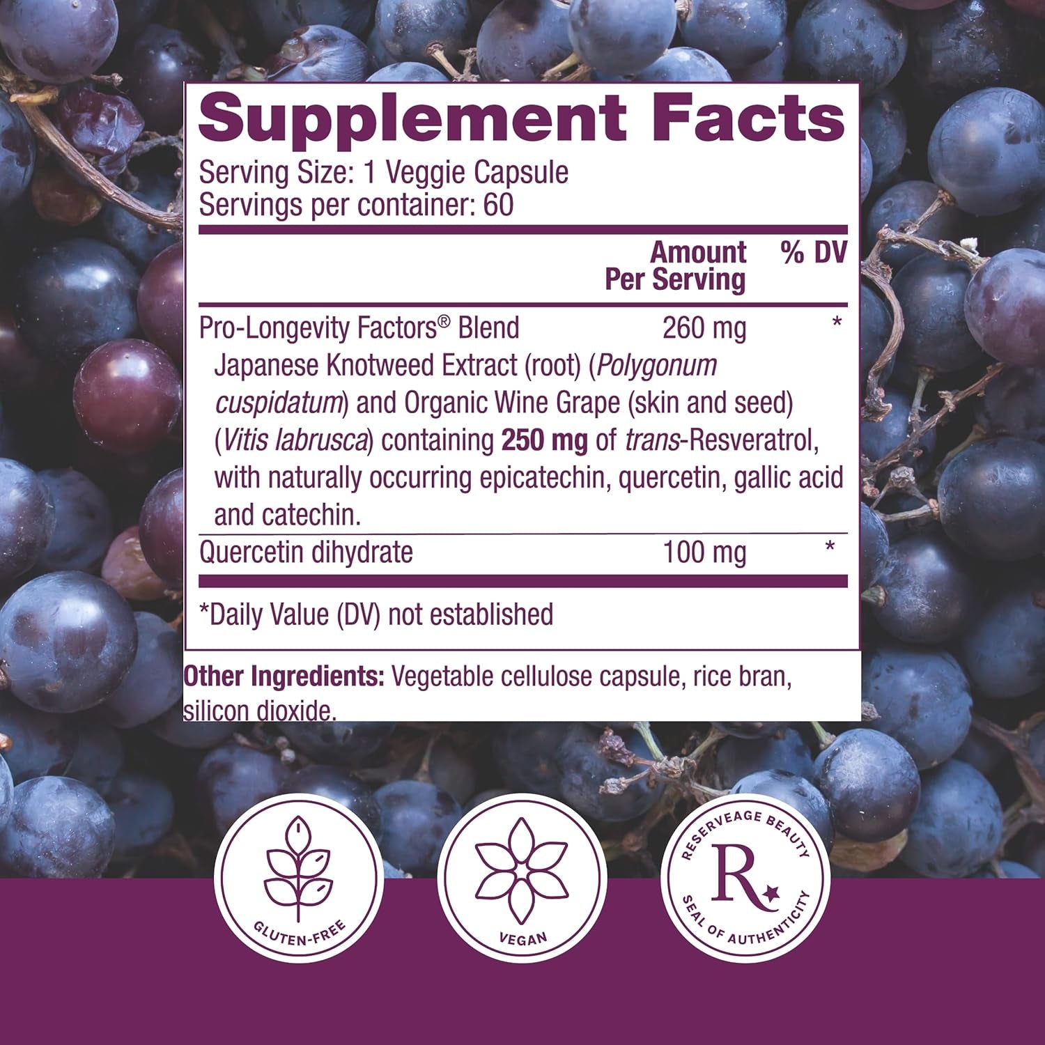 Reserveage Beauty Resveratrol 250 Mg - Best Trans-Resveratrol - Vegan Antioxidant Supplement for Cellular & Heart Health - Aids Healthy Aging & Immune Health - 60 Vegetable Capsules