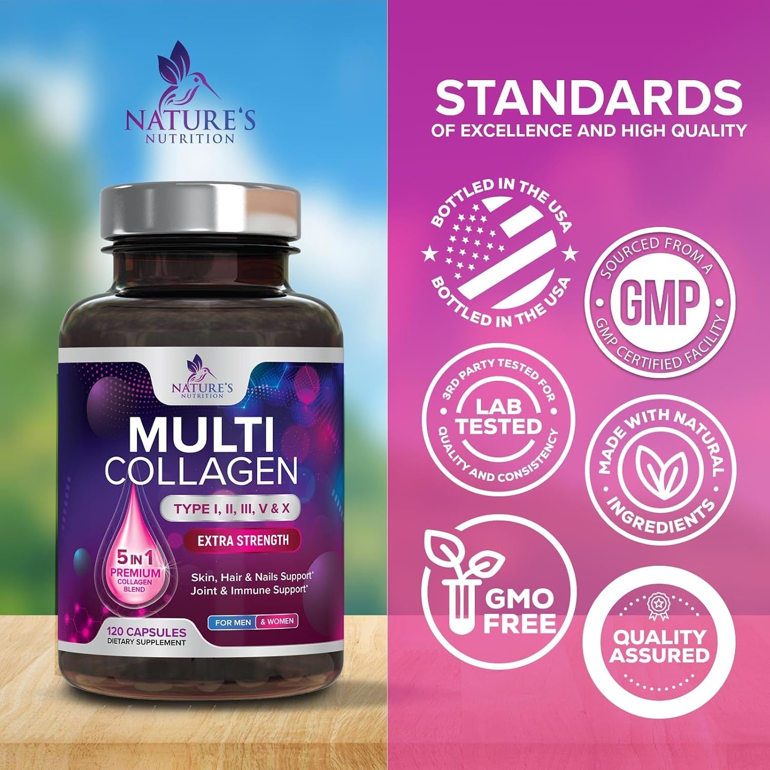 Multi Collagen Pills - Hydrolyzed Collagen Peptides Capsules for Women & Men - Types I, II, III, V, X Multi Collagen Complex - Hair, Skin & Nails Support Supplement - Bottled in the USA - 120 Capsules
