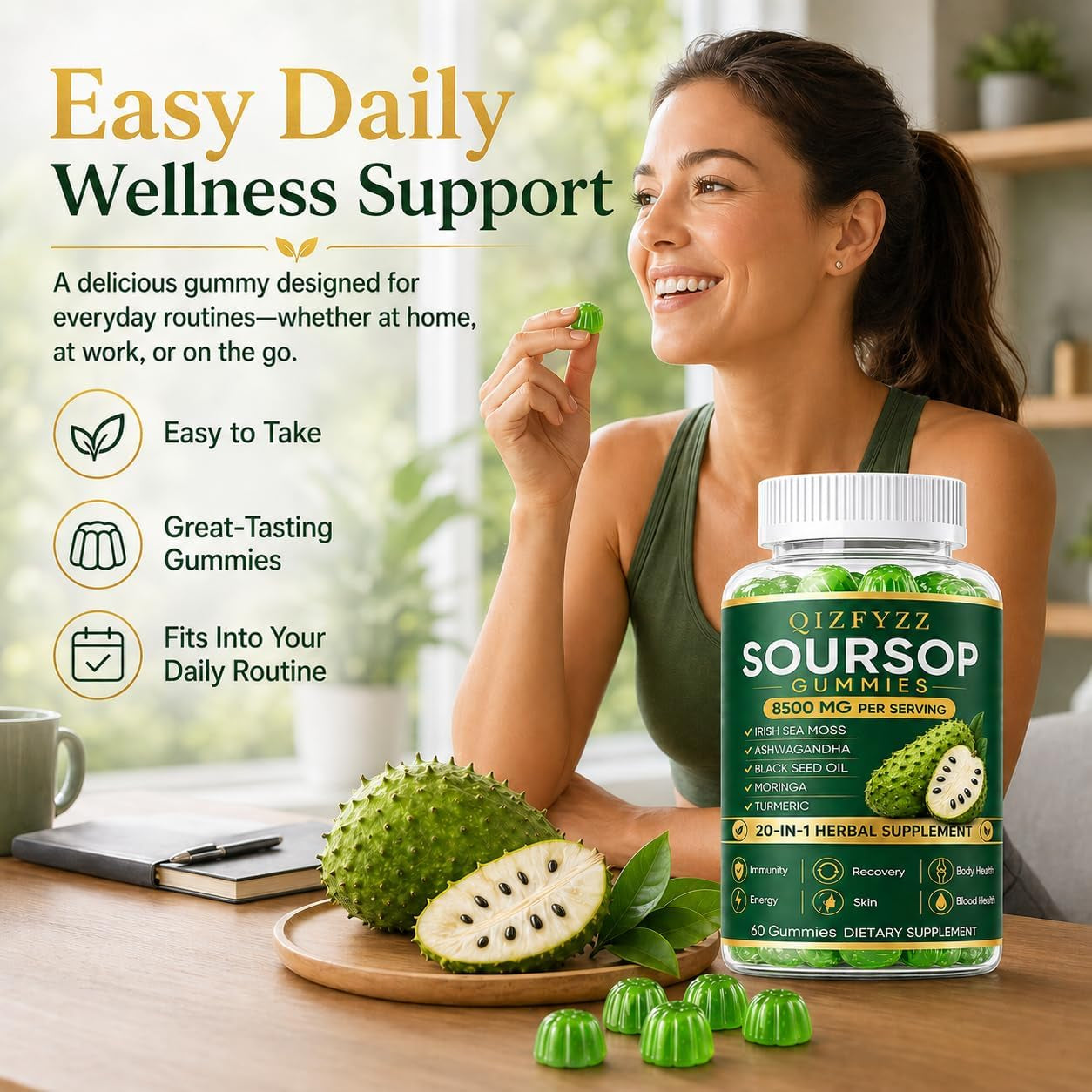 Qizfyzz Soursop Gummies, Antioxidant, Immune & Energy Support, Herbal Daily Supplement with Soursop Leaf Extract, Sea Moss, Ashwagandha, Black Seed, Moringa & Turmeric, 60 Gummies (1 Piece)