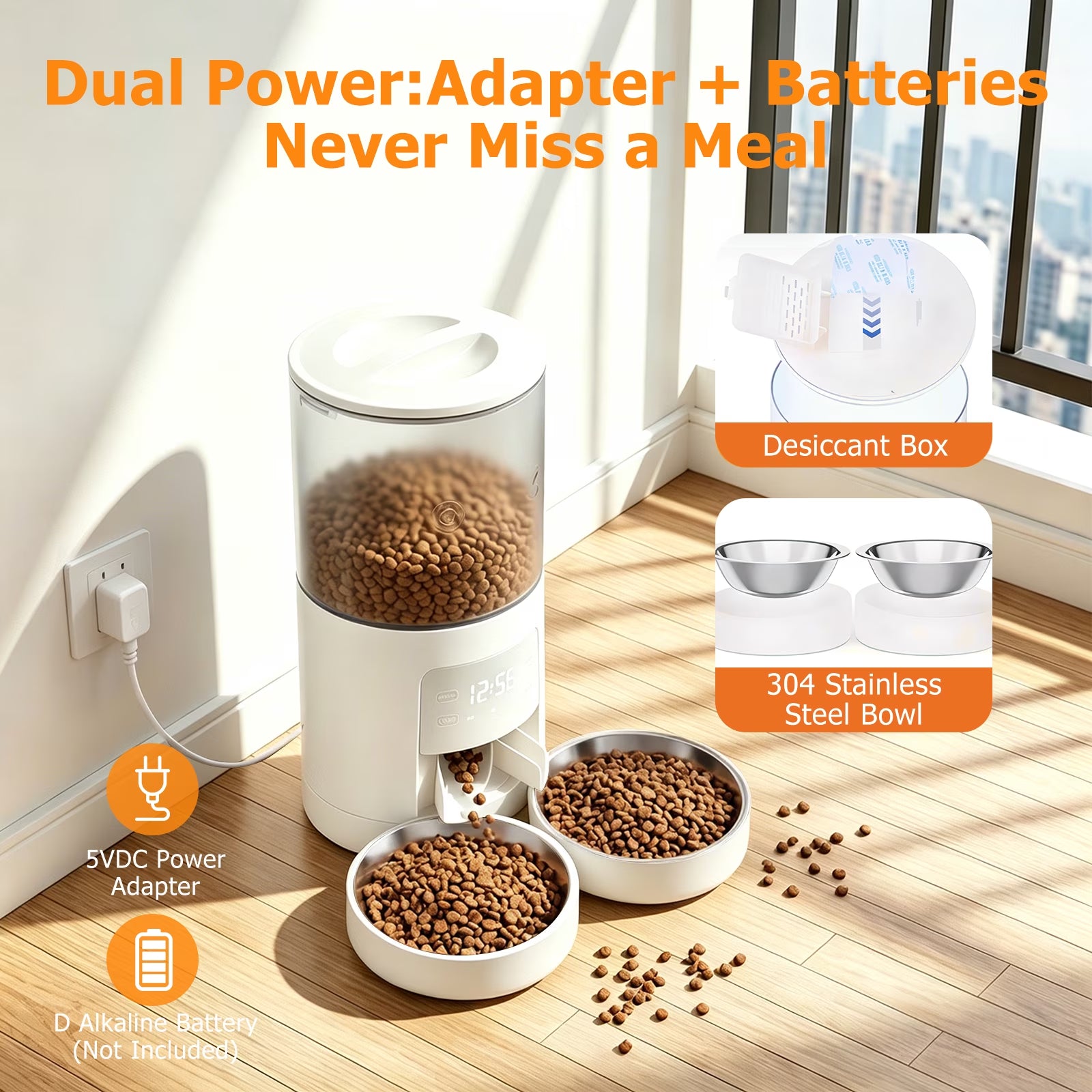 Automatic Cat Feeder, 6L Programmable Pet Food Dispenser with 2 Bowls, Dry Food, Dual Power Supply, Timed Portion Control for Cats & Small Dogs, White
