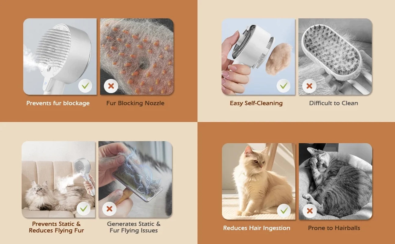 Cat Brush - 4-In-1 Cat Steam Brush for Shedding, Self-Cleaning, Grooming & Massage, Pet Spray Hair Removal Comb for Indoor Cats & Dogs, Long/Short Hair, Furry Pet - White