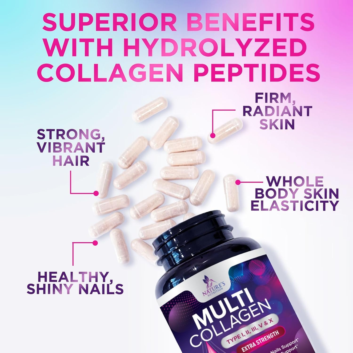 Multi Collagen Pills - Hydrolyzed Collagen Peptides Capsules for Women & Men - Types I, II, III, V, X Multi Collagen Complex - Hair, Skin & Nails Support Supplement - Bottled in the USA - 120 Capsules