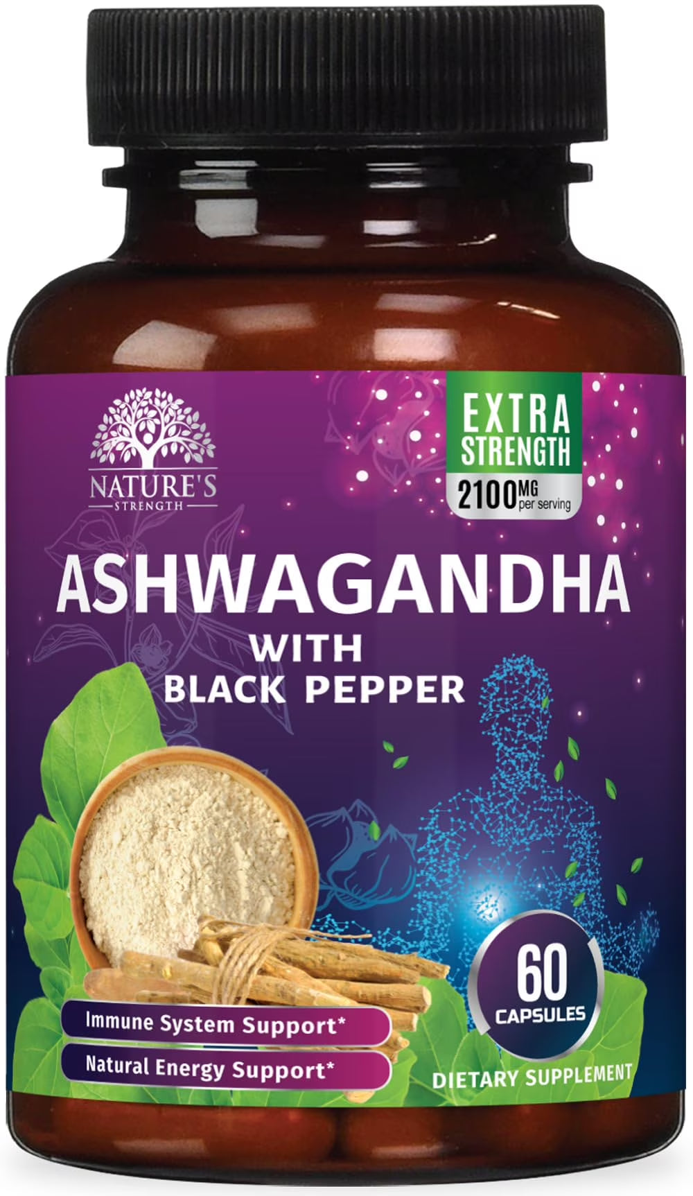 Ashwagandha Supplements 2100Mg - 3X Strength Ashwagandha Powder & Root Extract with Black Pepper for Max Absorption, Antioxidant Supplements for Women & Men, Vegan, Bottled in USA - 60 Capsules