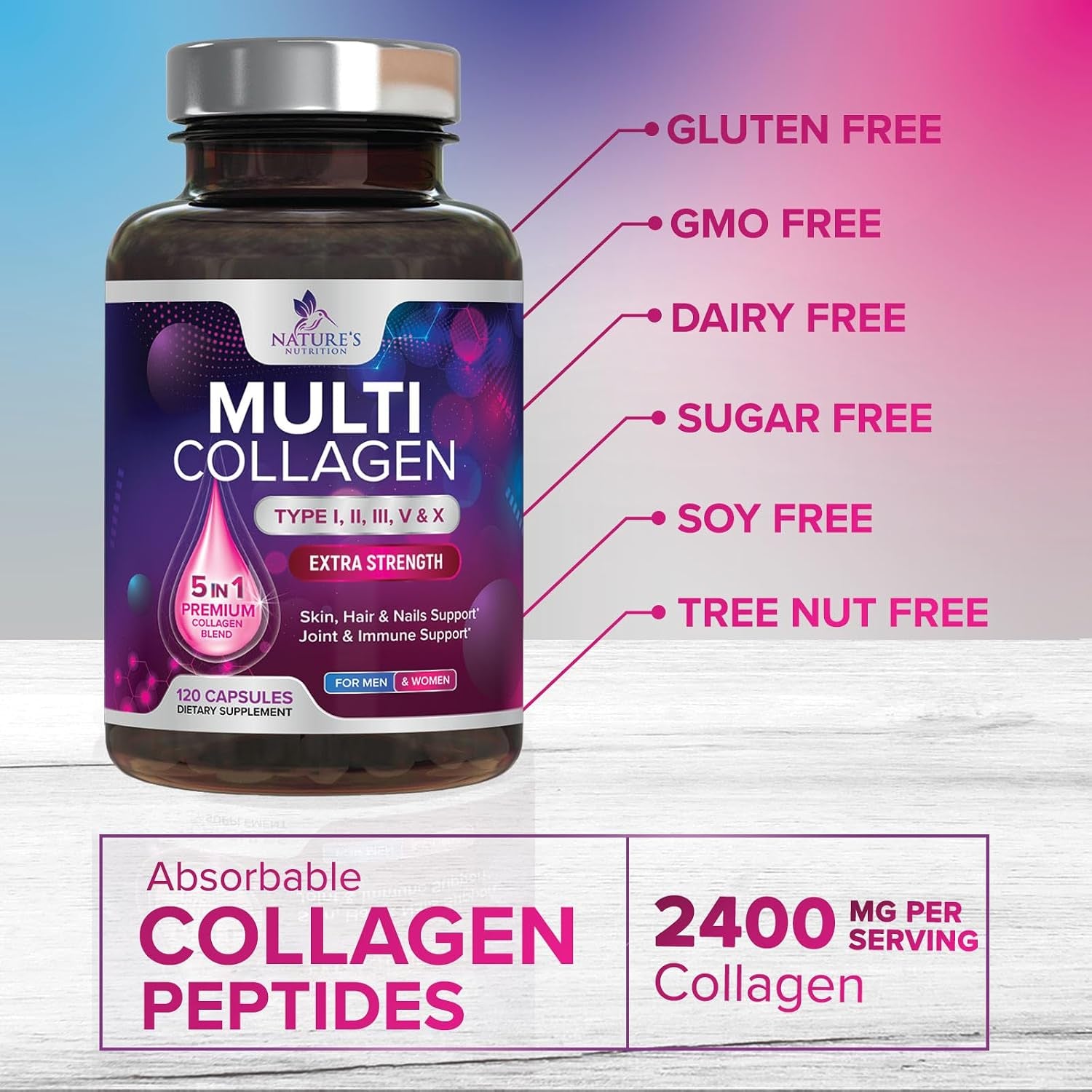 Multi Collagen Pills - Hydrolyzed Collagen Peptides Capsules for Women & Men - Types I, II, III, V, X Multi Collagen Complex - Hair, Skin & Nails Support Supplement - Bottled in the USA - 120 Capsules