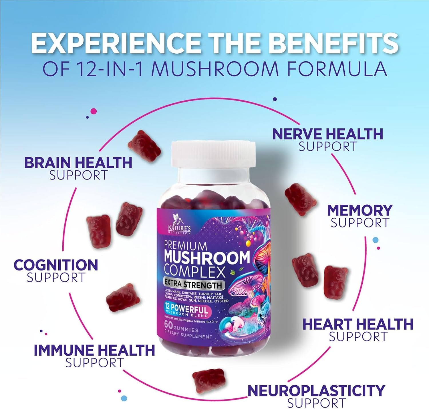 Mushroom Gummies Supplement 12 in 1 - High Grade Blend for Adults with Lions Mane, Reishi, Cordyceps, & Chaga Mushroom Complex Gummy, Memory & Immune Support & Nootropic Brain Supplements - 60 Gummies