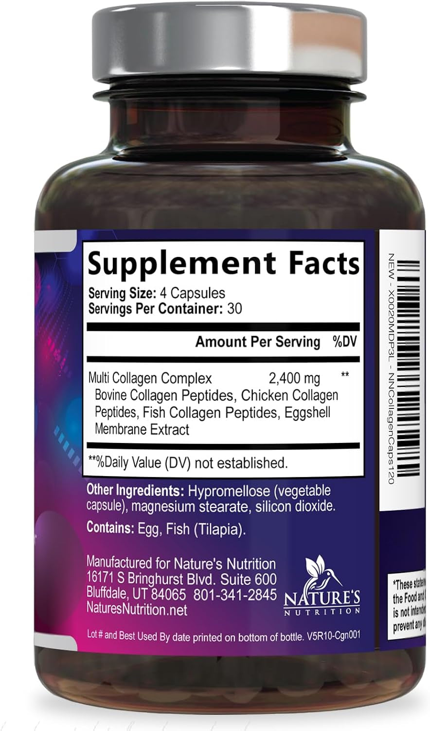 Multi Collagen Pills - Hydrolyzed Collagen Peptides Capsules for Women & Men - Types I, II, III, V, X Multi Collagen Complex - Hair, Skin & Nails Support Supplement - Bottled in the USA - 120 Capsules