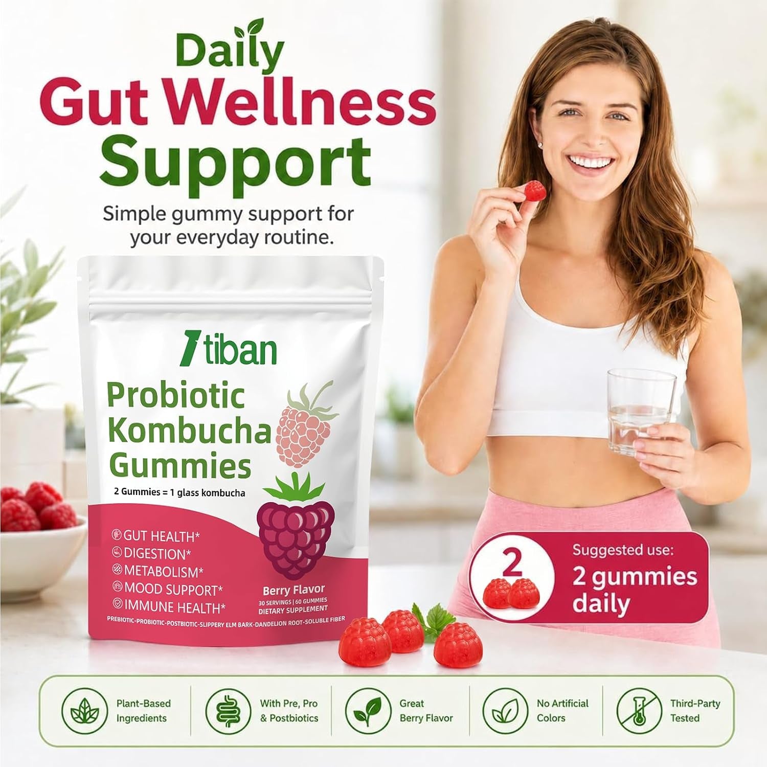 Probiotic Kombucha Gummy - Prebiotics, Probiotics, Postbiotics, Fiber Supplement, Slippery Elm for Bloating, Gut Health, Women and Men, 60Ct