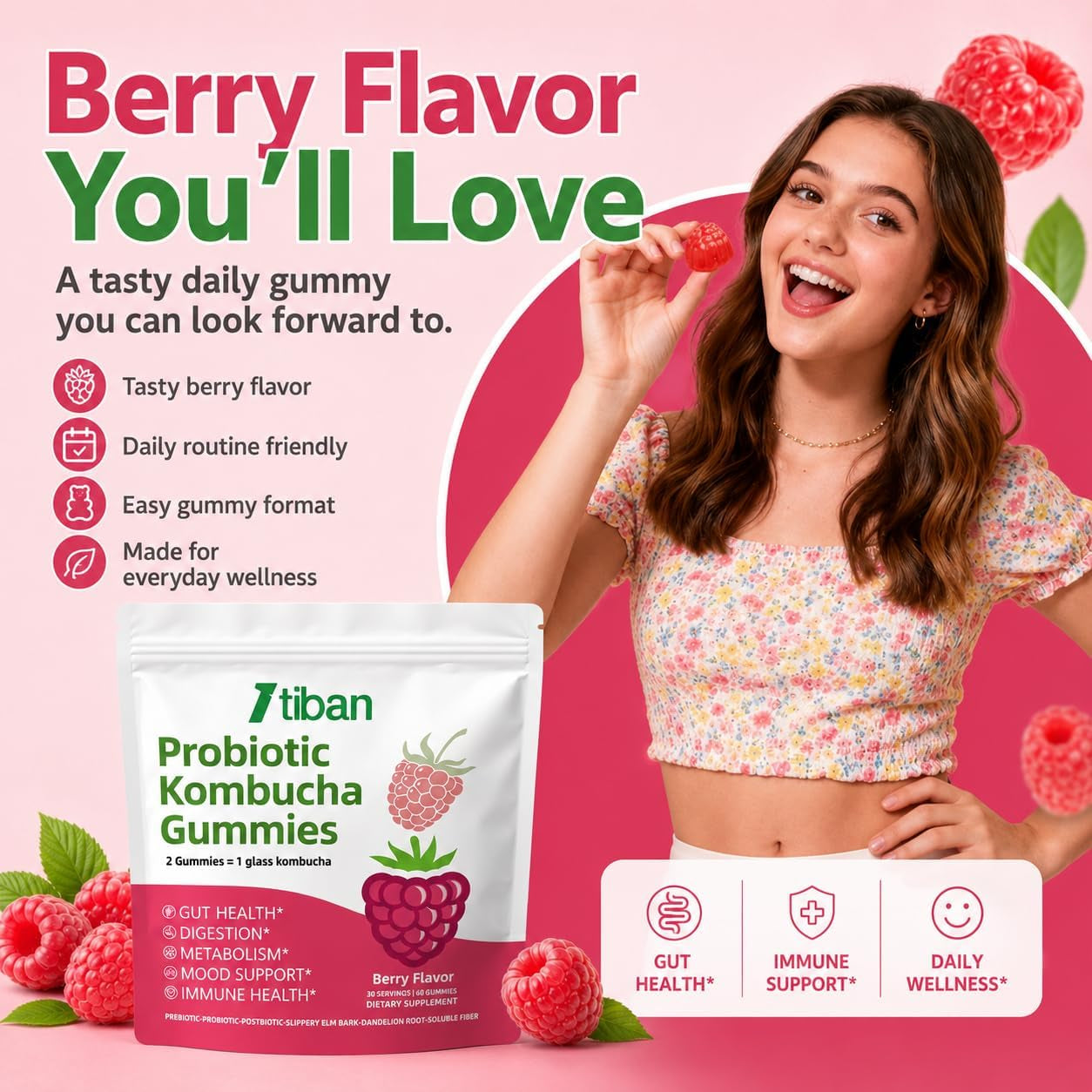 Probiotic Kombucha Gummy - Prebiotics, Probiotics, Postbiotics, Fiber Supplement, Slippery Elm for Bloating, Gut Health, Women and Men, 60Ct