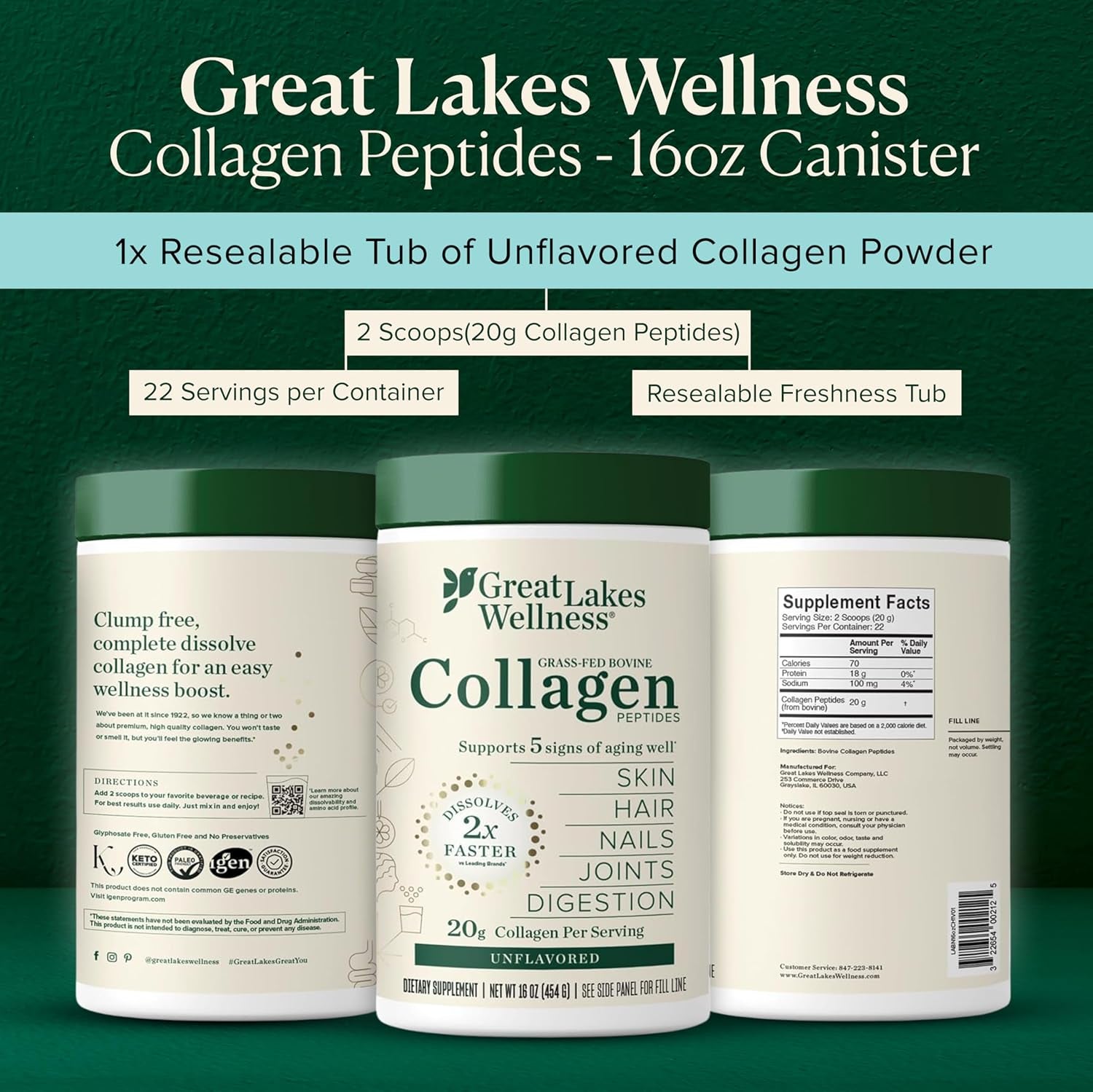 Collagen Peptides Powder – Supports Skin, Hair, Nails, Joints & Digestion – Hydrolyzed, Quick Dissolve, Non-Gmo, Keto & Kosher – Pure Collagen Protein (16 Oz, 22 Servings)