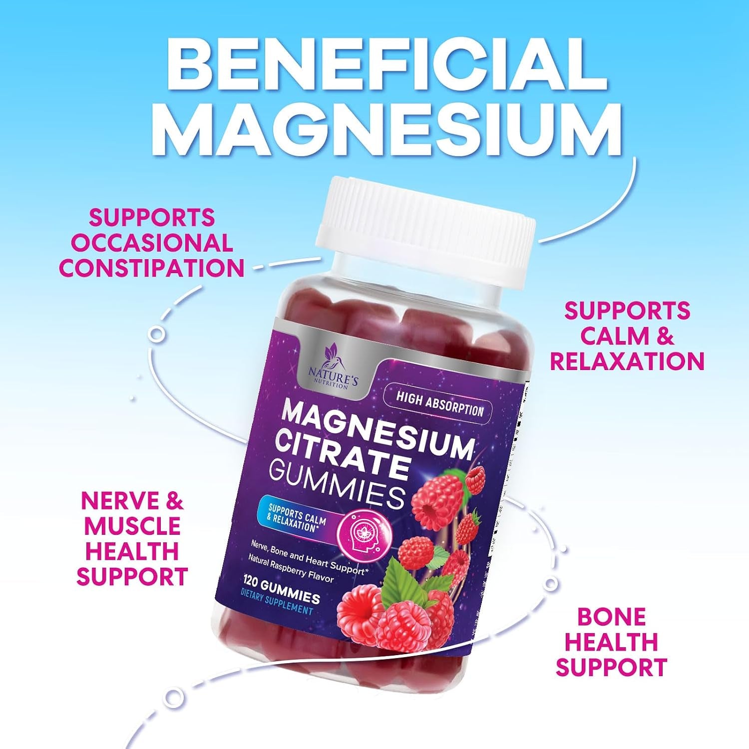 Magnesium Citrate Gummies - High Absorption Magnesium Citrate Gummy Supplement - Natural Bone, Nerve, Muscle, Calm, & Relaxation Support for Adults - Raspberry Flavor, Gluten Free, Vegan - 120 Gummies