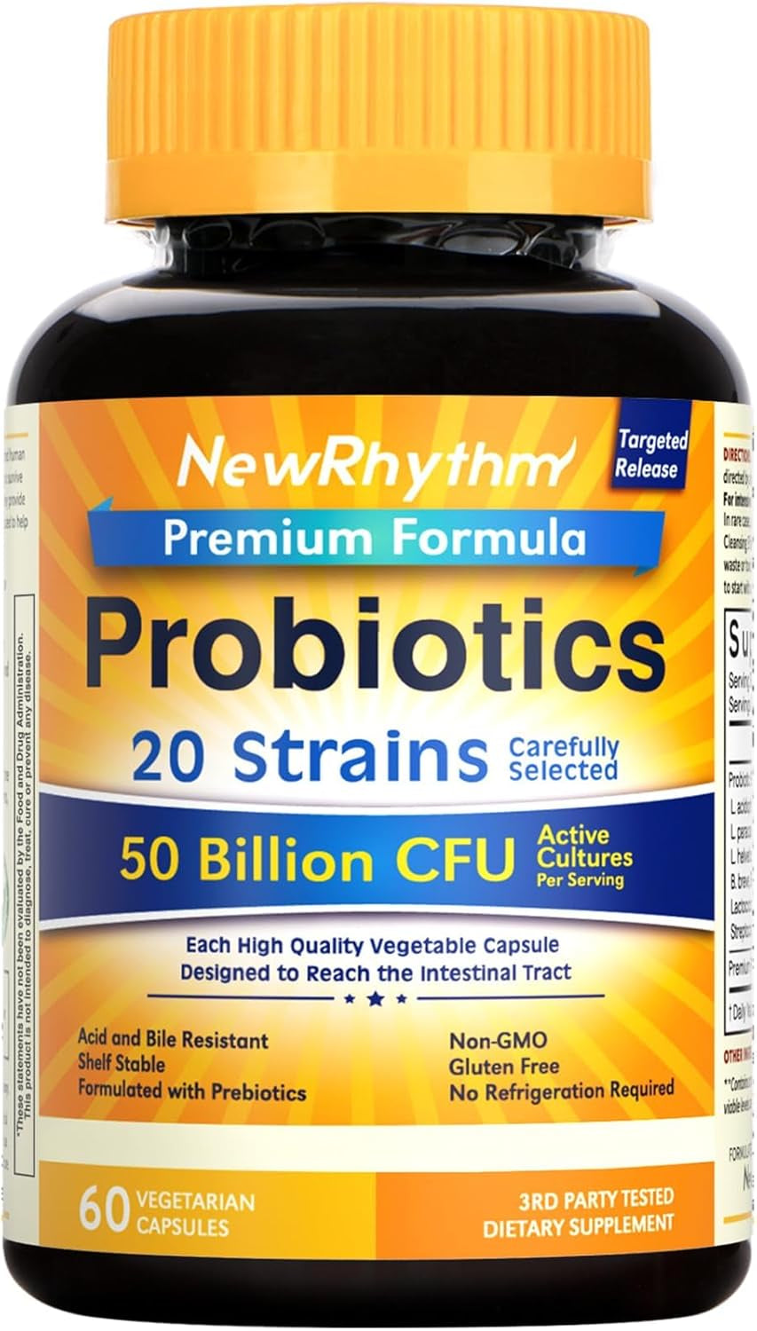 Probiotics 50 Billion CFU 20 Strains, 60 Veggie Capsules, Targeted Release Technology, Stomach Acid Resistant, No Need for Refrigeration, Non-Gmo, Gluten Free