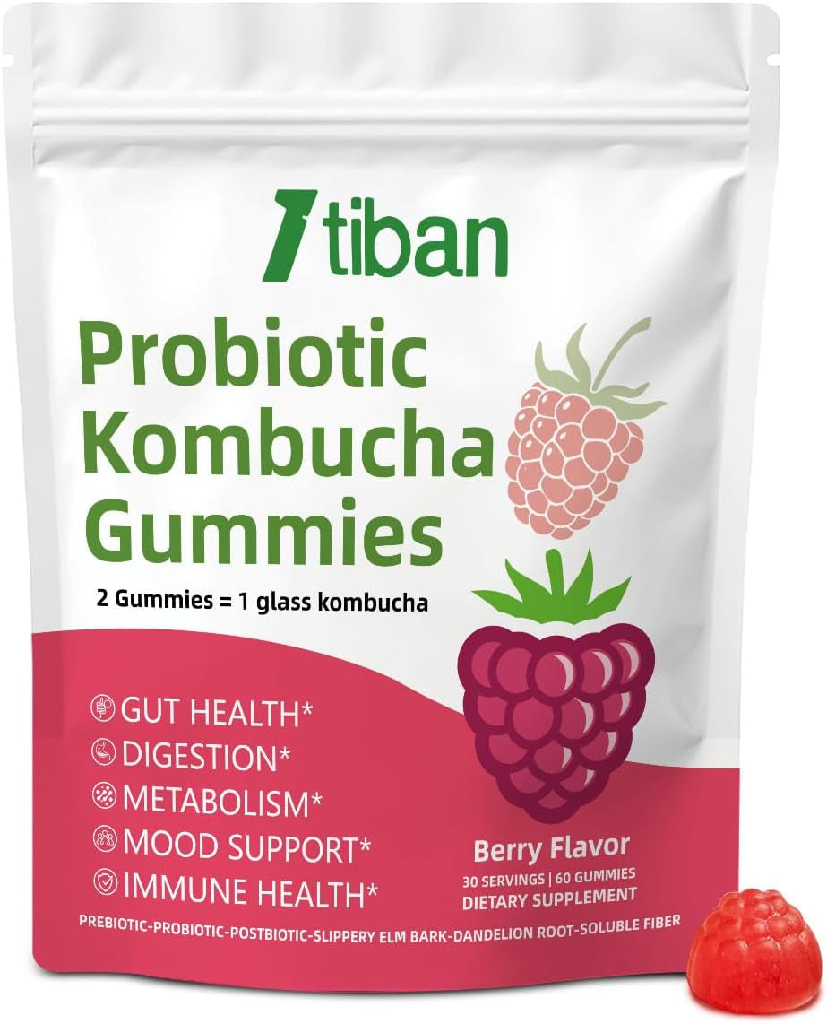 Probiotic Kombucha Gummy - Prebiotics, Probiotics, Postbiotics, Fiber Supplement, Slippery Elm for Bloating, Gut Health, Women and Men, 60Ct