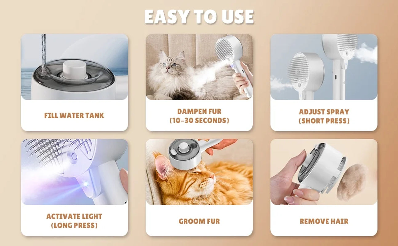 Cat Brush - 4-In-1 Cat Steam Brush for Shedding, Self-Cleaning, Grooming & Massage, Pet Spray Hair Removal Comb for Indoor Cats & Dogs, Long/Short Hair, Furry Pet - White