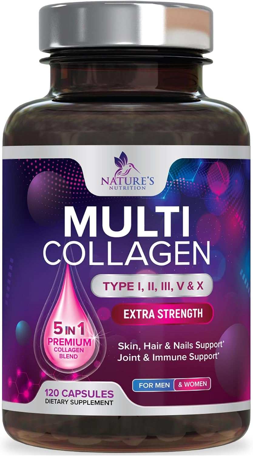 Multi Collagen Pills - Hydrolyzed Collagen Peptides Capsules for Women & Men - Types I, II, III, V, X Multi Collagen Complex - Hair, Skin & Nails Support Supplement - Bottled in the USA - 120 Capsules