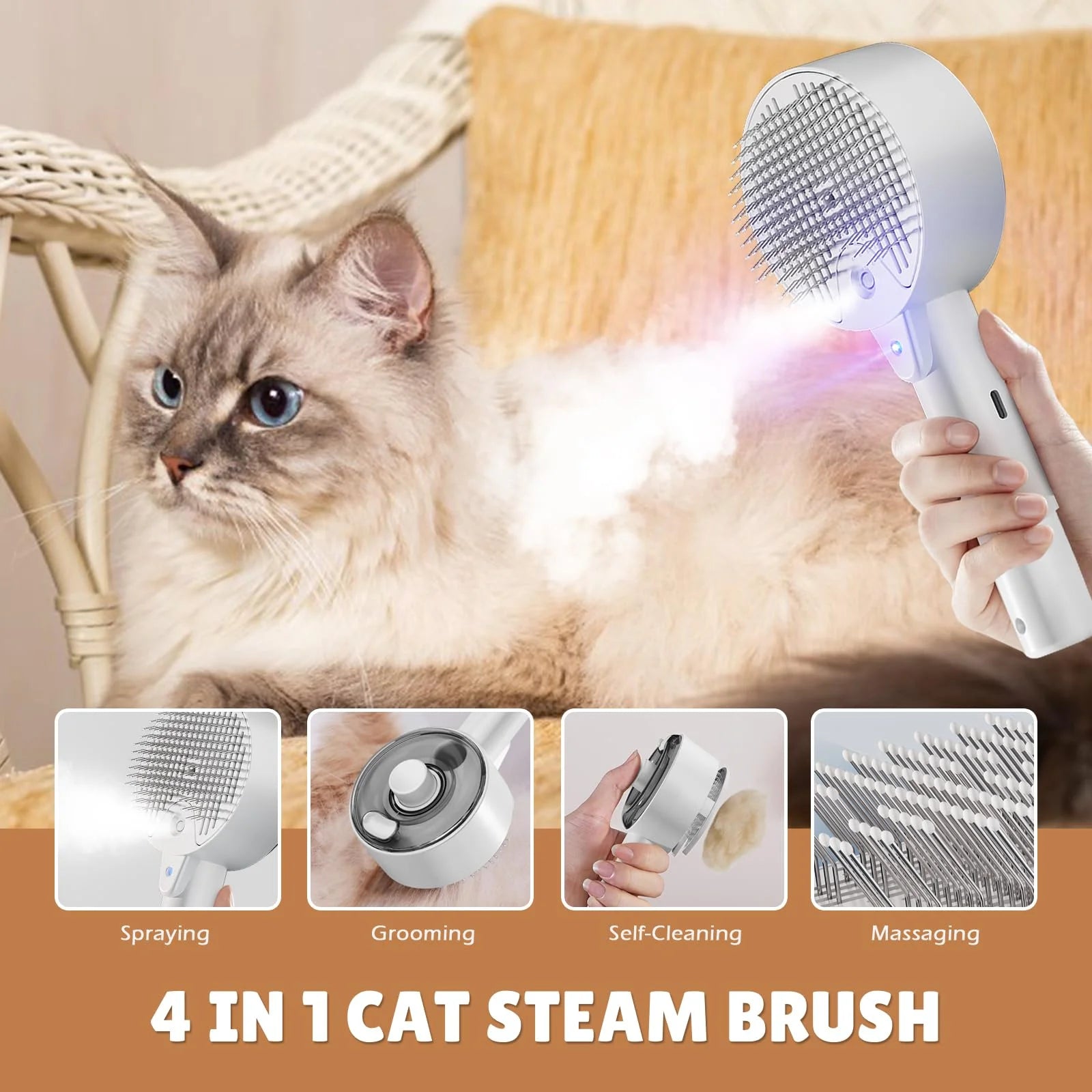 Cat Brush - 4-In-1 Cat Steam Brush for Shedding, Self-Cleaning, Grooming & Massage, Pet Spray Hair Removal Comb for Indoor Cats & Dogs, Long/Short Hair, Furry Pet - White