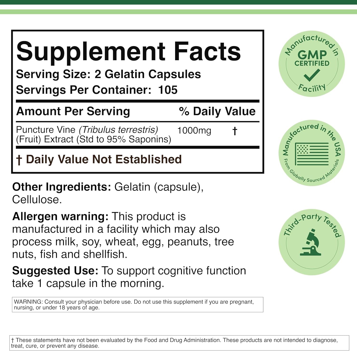 Tribulus Terrestris for Men (Purest 95% Saponin Content) 210 Capsules, 1,000Mg Concentrated Fruit Extract (Third Party Tested, Vegan Safe, Non-Gmo) for Stamina and Energy by Double Wood