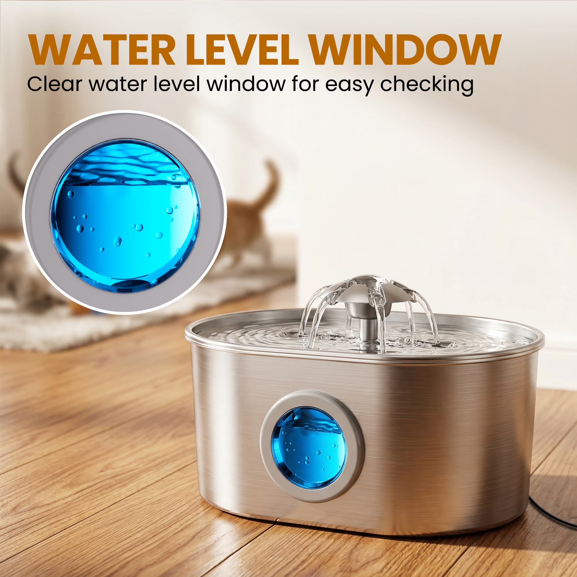 Cat Water Fountain Stainless Steel, 74Oz 2.2L Pet Water Dispenser with LED Light, Visible Water Window, 3 Filters for Cats and Pets