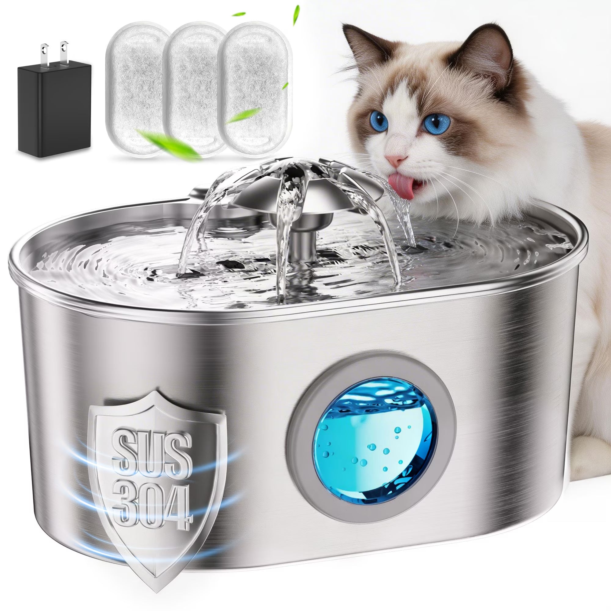 Cat Water Fountain Stainless Steel, 74Oz 2.2L Pet Water Dispenser with LED Light, Visible Water Window, 3 Filters for Cats and Pets