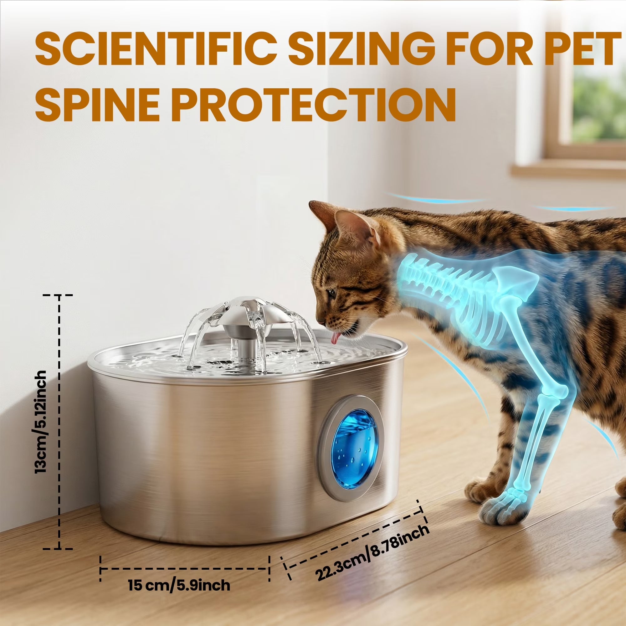 Cat Water Fountain Stainless Steel, 74Oz 2.2L Pet Water Dispenser with LED Light, Visible Water Window, 3 Filters for Cats and Pets