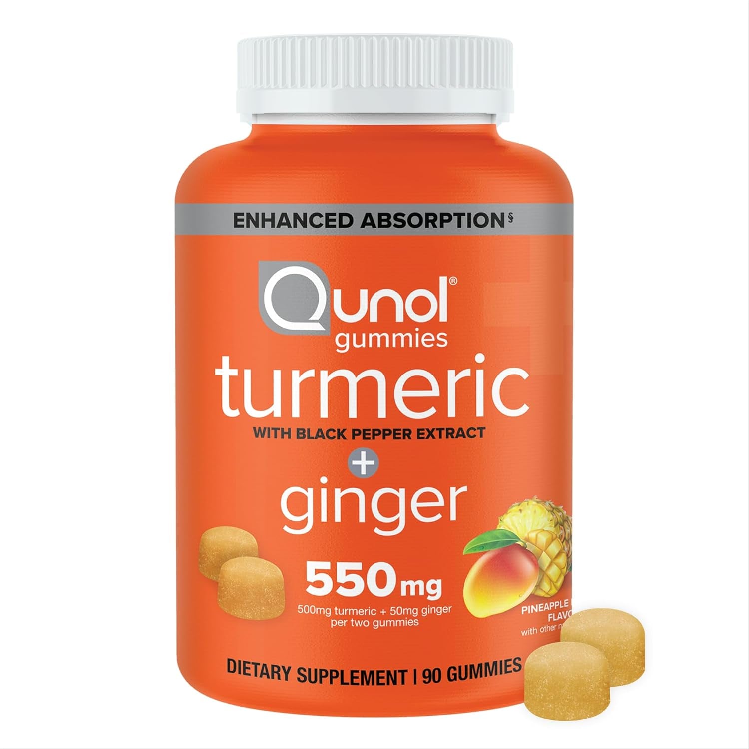 Qunol Turmeric and Ginger with Black Pepper Gummies, Turmeric Curcumin Supplement, Joint Health Support Gummy, 90Ct Gummies