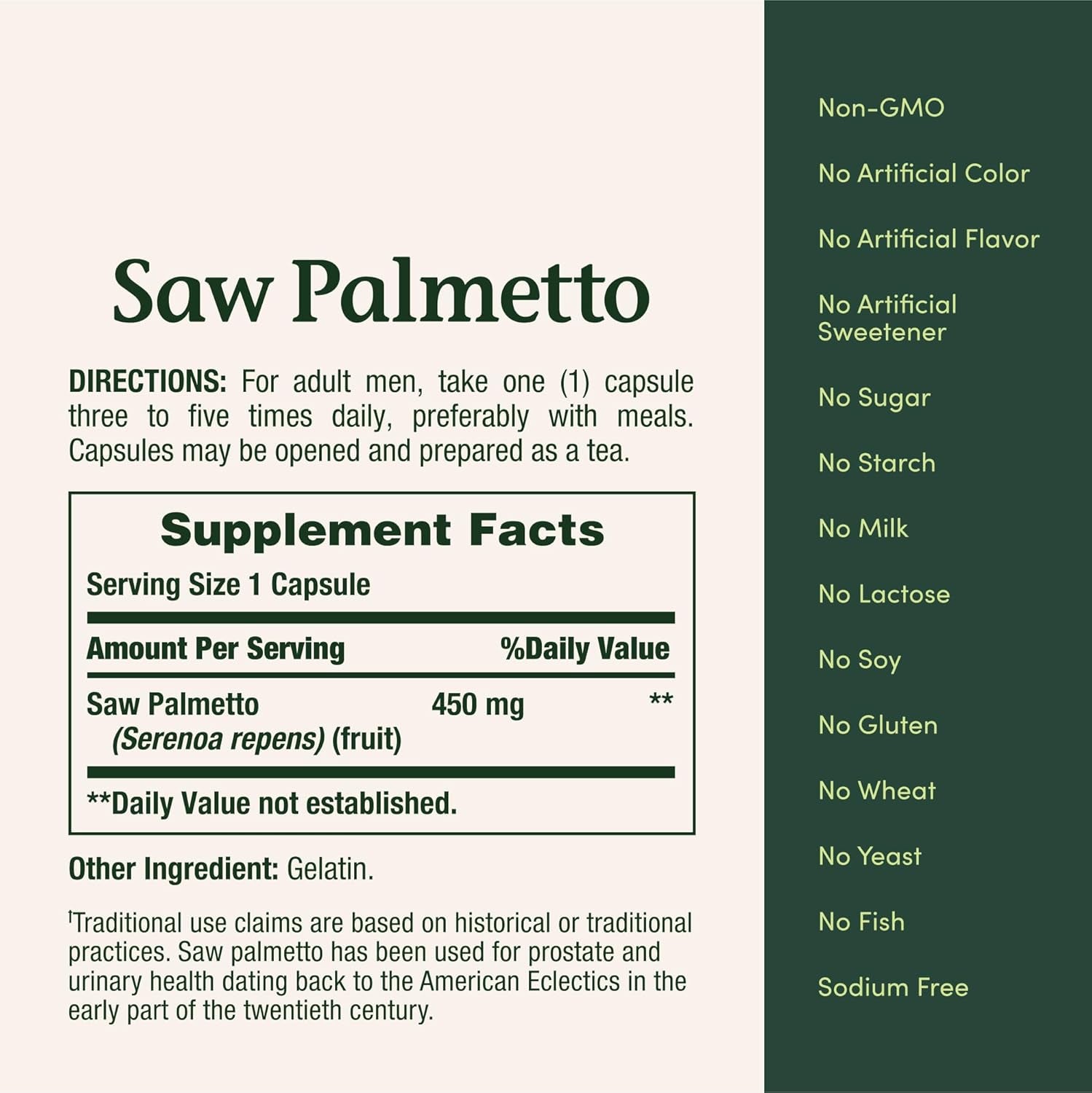 Nature'S Bounty Saw Palmetto, Herbal Health Supplement, Prostate and Urinary Health, 450 Mg, 100 Capsules