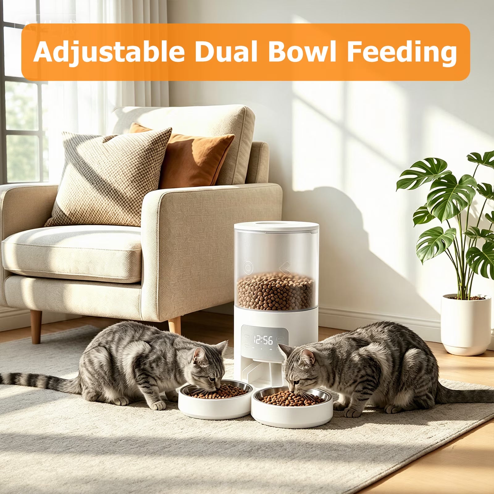 Automatic Cat Feeder, 6L Programmable Pet Food Dispenser with 2 Bowls, Dry Food, Dual Power Supply, Timed Portion Control for Cats & Small Dogs, White