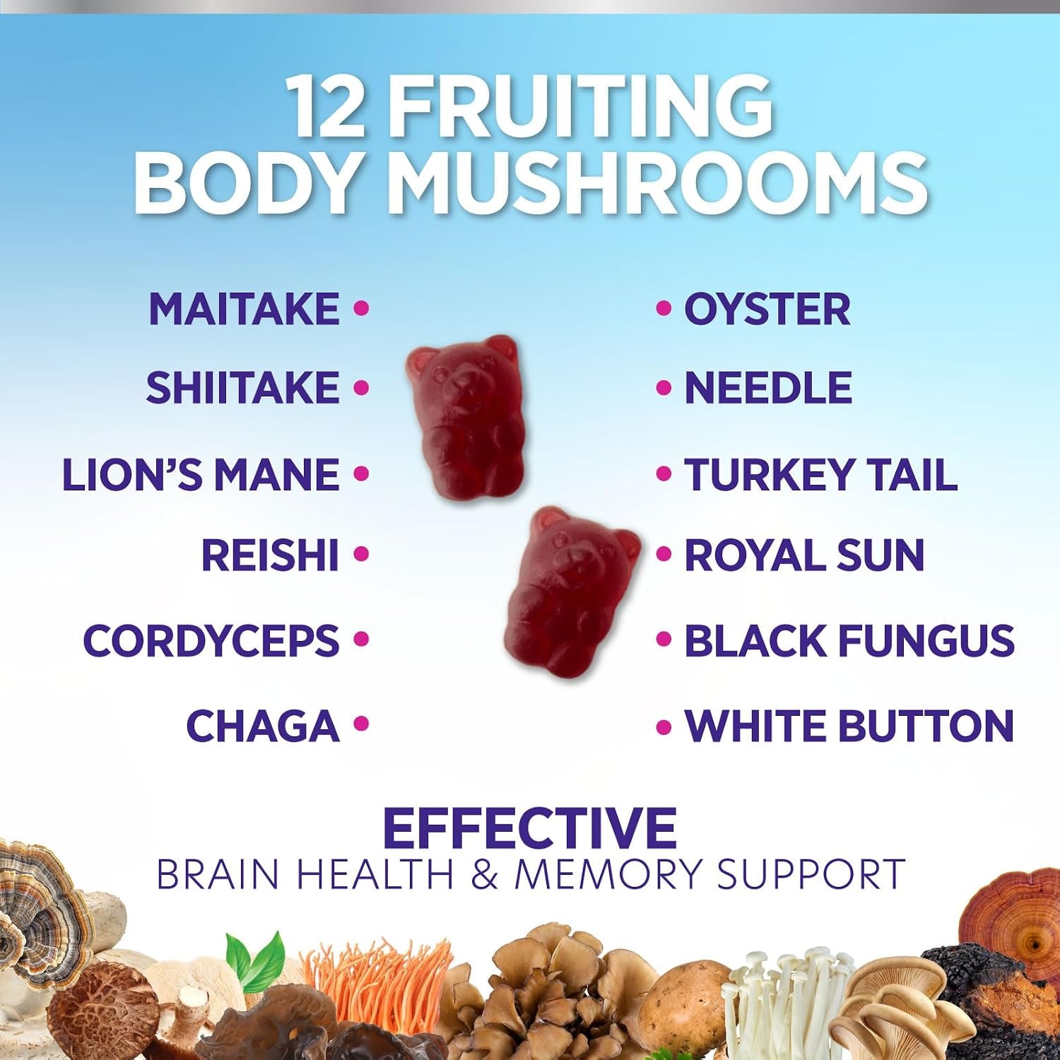 Mushroom Gummies Supplement 12 in 1 - High Grade Blend for Adults with Lions Mane, Reishi, Cordyceps, & Chaga Mushroom Complex Gummy, Memory & Immune Support & Nootropic Brain Supplements - 60 Gummies