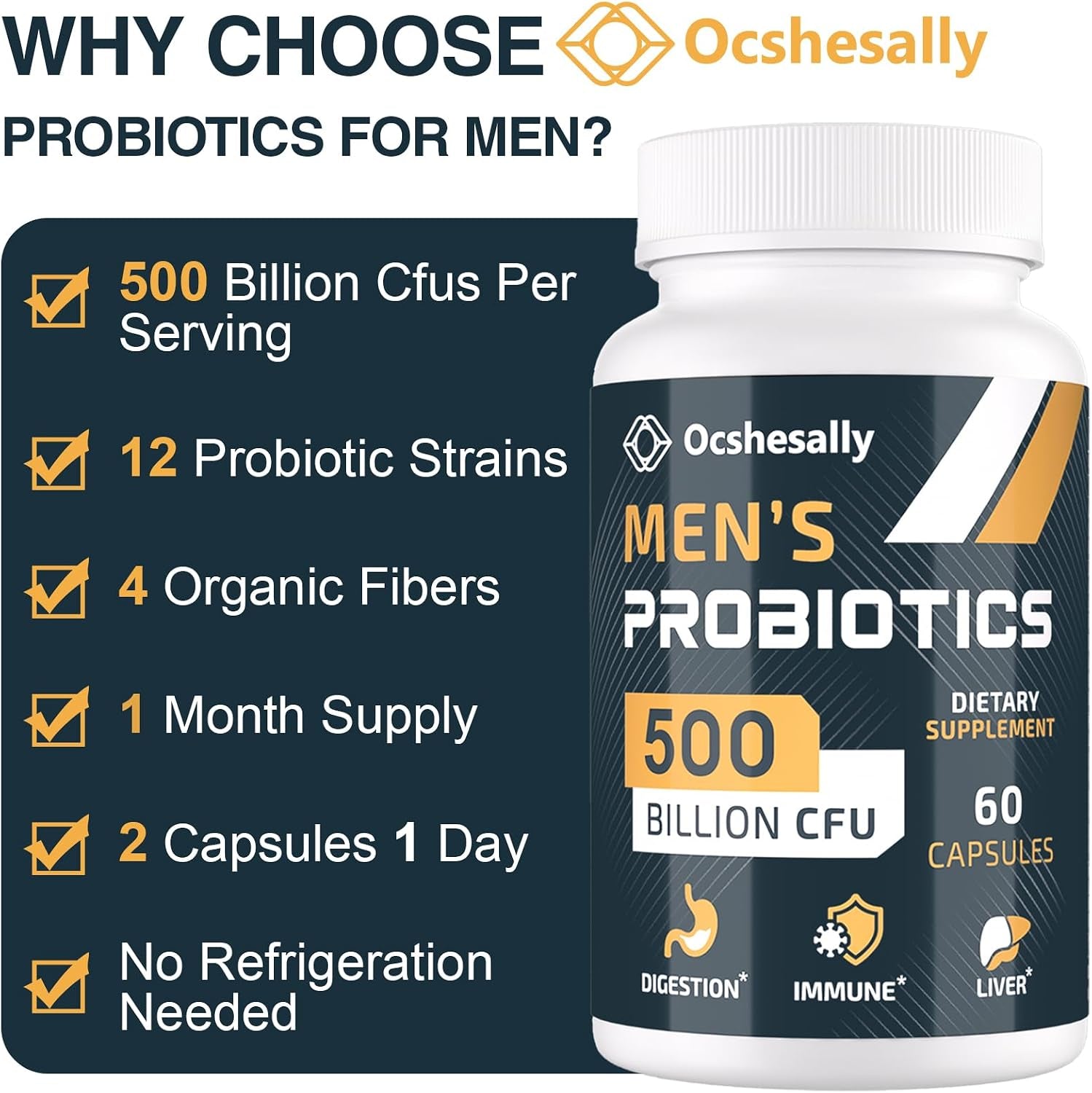 Probiotics for Men, 500 Billion Cfus & 12 Strains Mens Probiotic, with Turmeric, Cranberry, Goji - Probiotics for Digestive Health, Gut, Immune & Bloating, Prostate & Urinary Tract Health, 60 Capsules