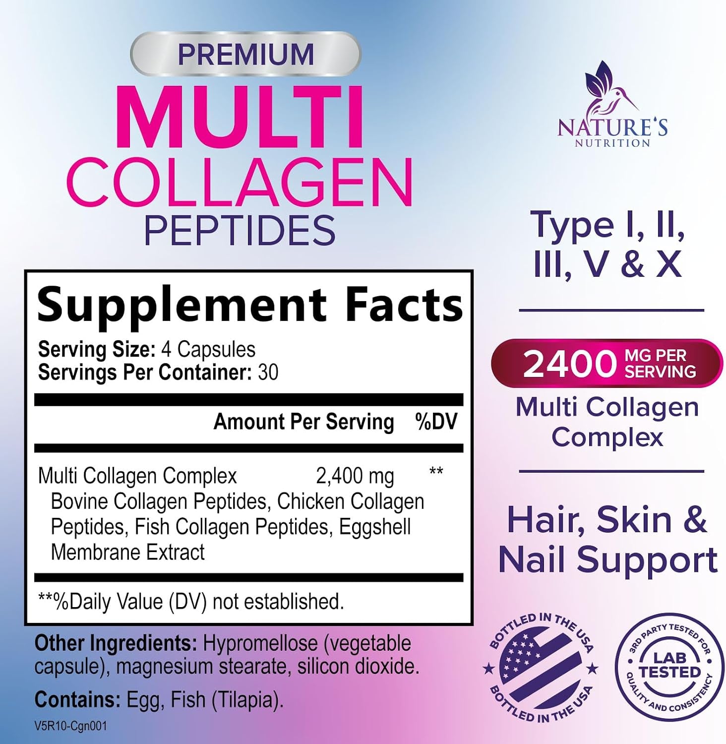Multi Collagen Pills - Hydrolyzed Collagen Peptides Capsules for Women & Men - Types I, II, III, V, X Multi Collagen Complex - Hair, Skin & Nails Support Supplement - Bottled in the USA - 120 Capsules