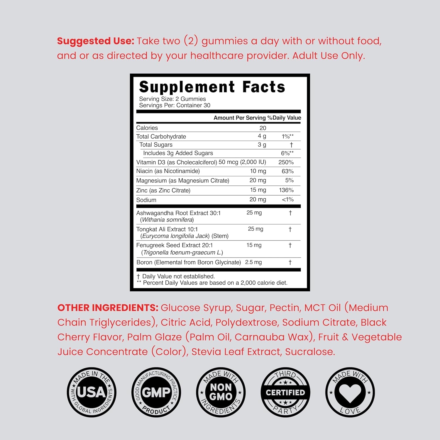 Testosterone Gummies for Men (60 Count) Testosterone Supplement for Men - Premium Test Booster - Support Strength, Stamina, Drive & Performance - Third Party Tested, Non-Gmo, Vegan Safe & Made in USA