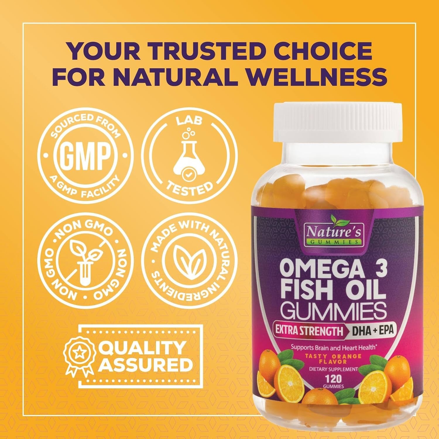 Omega 3 Fish Oil Gummies - Extra Strength Omega-3 Supplement with High Absorption EPA & DHA - Best Essential Fatty Acids for Heart Health, Brain & Joint Support, Non-Gmo Orange Flavor - 120 Gummies