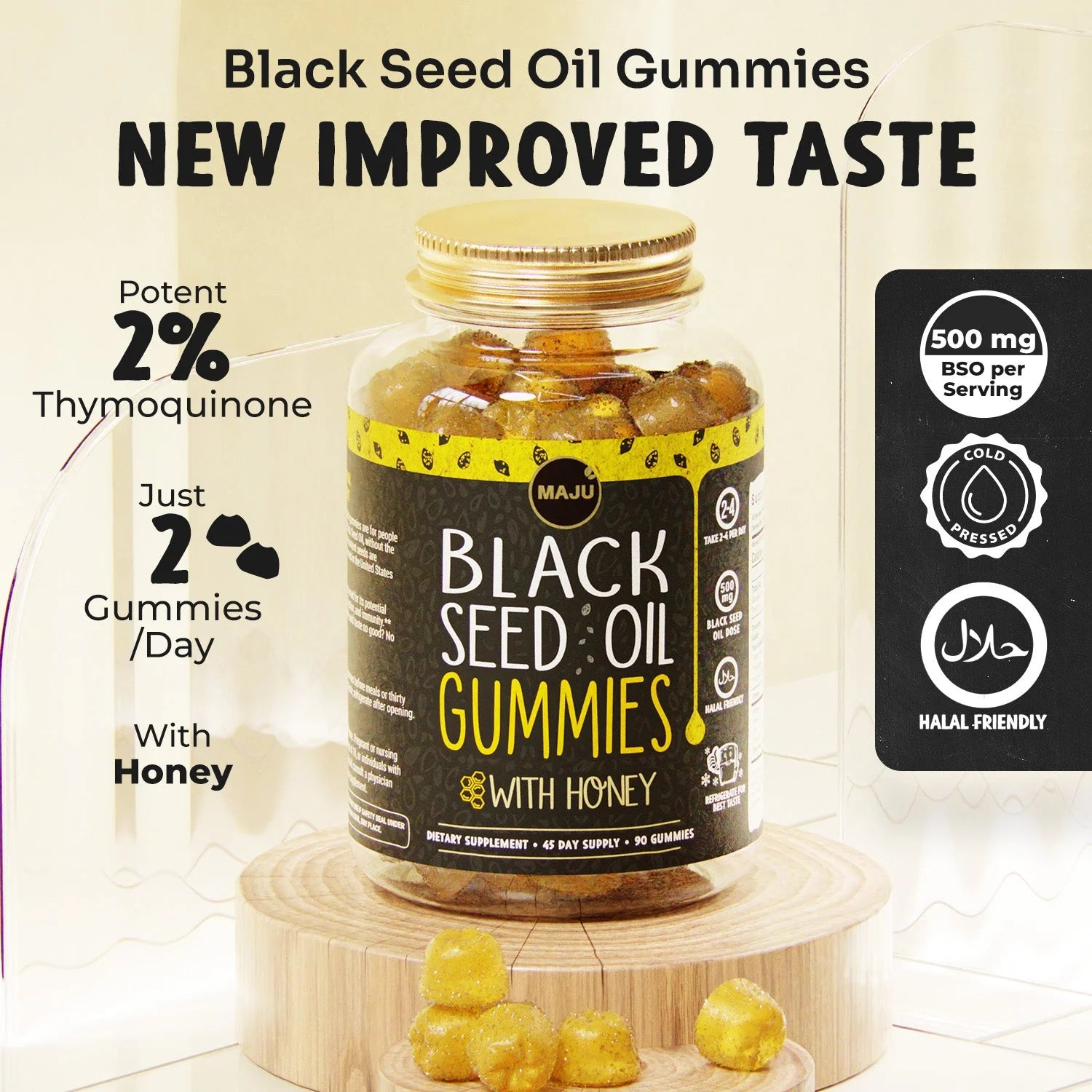 Maju'S Black Seed Oil Gummies with Honey, 90 Count - 500Mg BSO Gummy, Black Cumin Seed Nigella Sativa Oil, Cold-Pressed, Potent Formula, High Thymoquinone