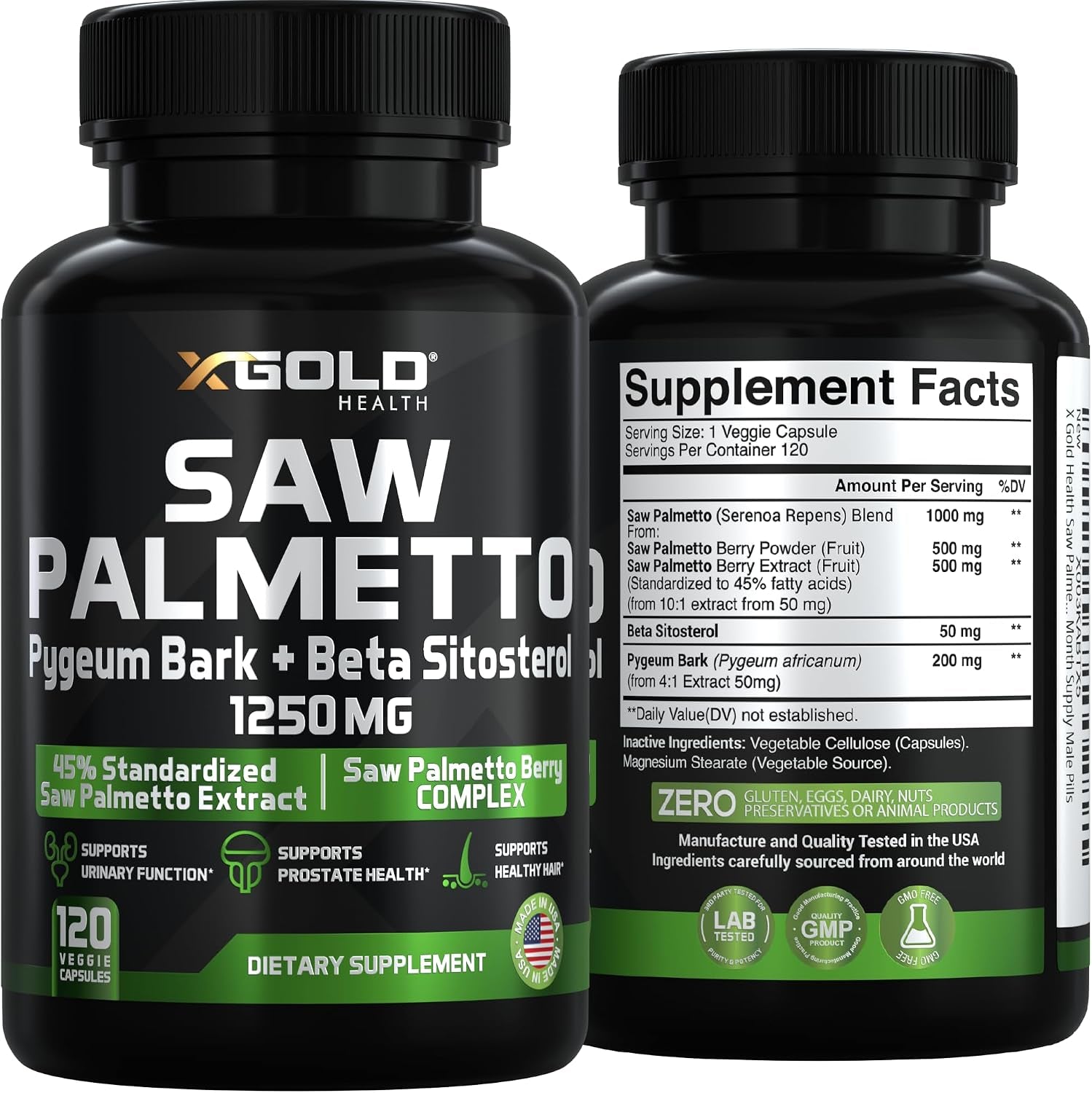 X Gold Health Saw Palmetto Complex for Men 1250Mg – Prostate & Urinary Support with Beta Sitosterol & Pygeum Bark – DHT Blocker for Hair Growth – 120 Veggie Capsules