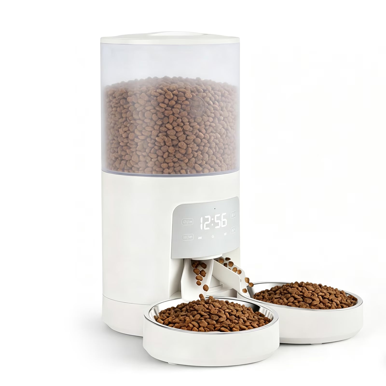 Automatic Cat Feeder, 6L Programmable Pet Food Dispenser with 2 Bowls, Dry Food, Dual Power Supply, Timed Portion Control for Cats & Small Dogs, White