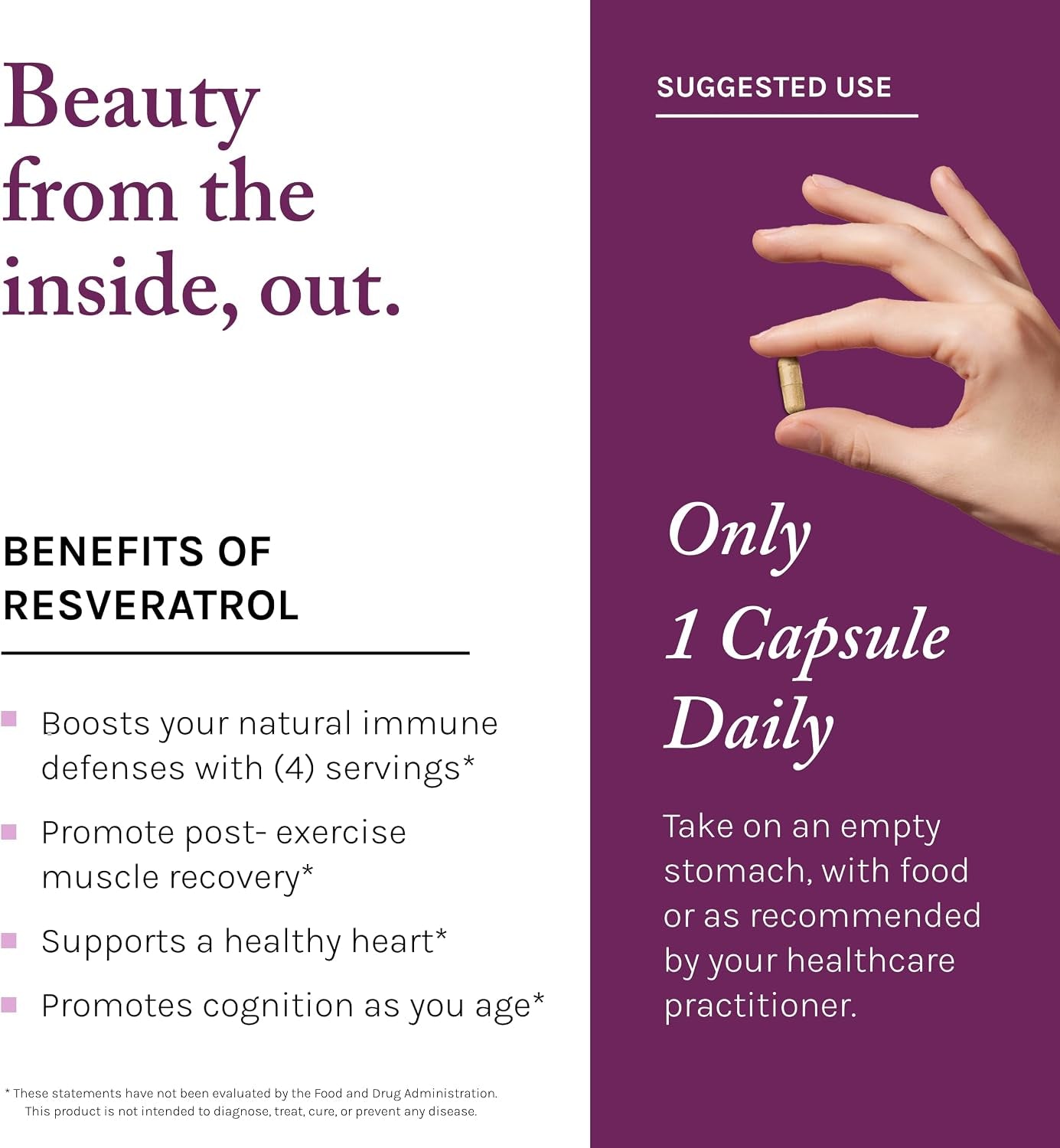 Reserveage Beauty Resveratrol 250 Mg - Best Trans-Resveratrol - Vegan Antioxidant Supplement for Cellular & Heart Health - Aids Healthy Aging & Immune Health - 60 Vegetable Capsules