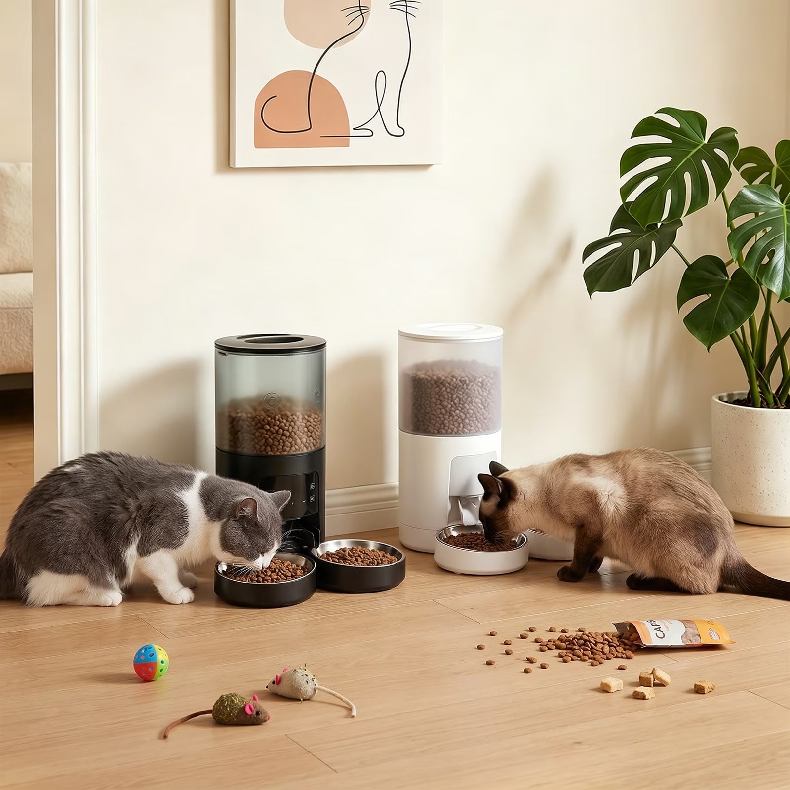 Automatic Cat Feeder, 6L Programmable Pet Food Dispenser with 2 Bowls, Dry Food, Dual Power Supply, Timed Portion Control for Cats & Small Dogs, White