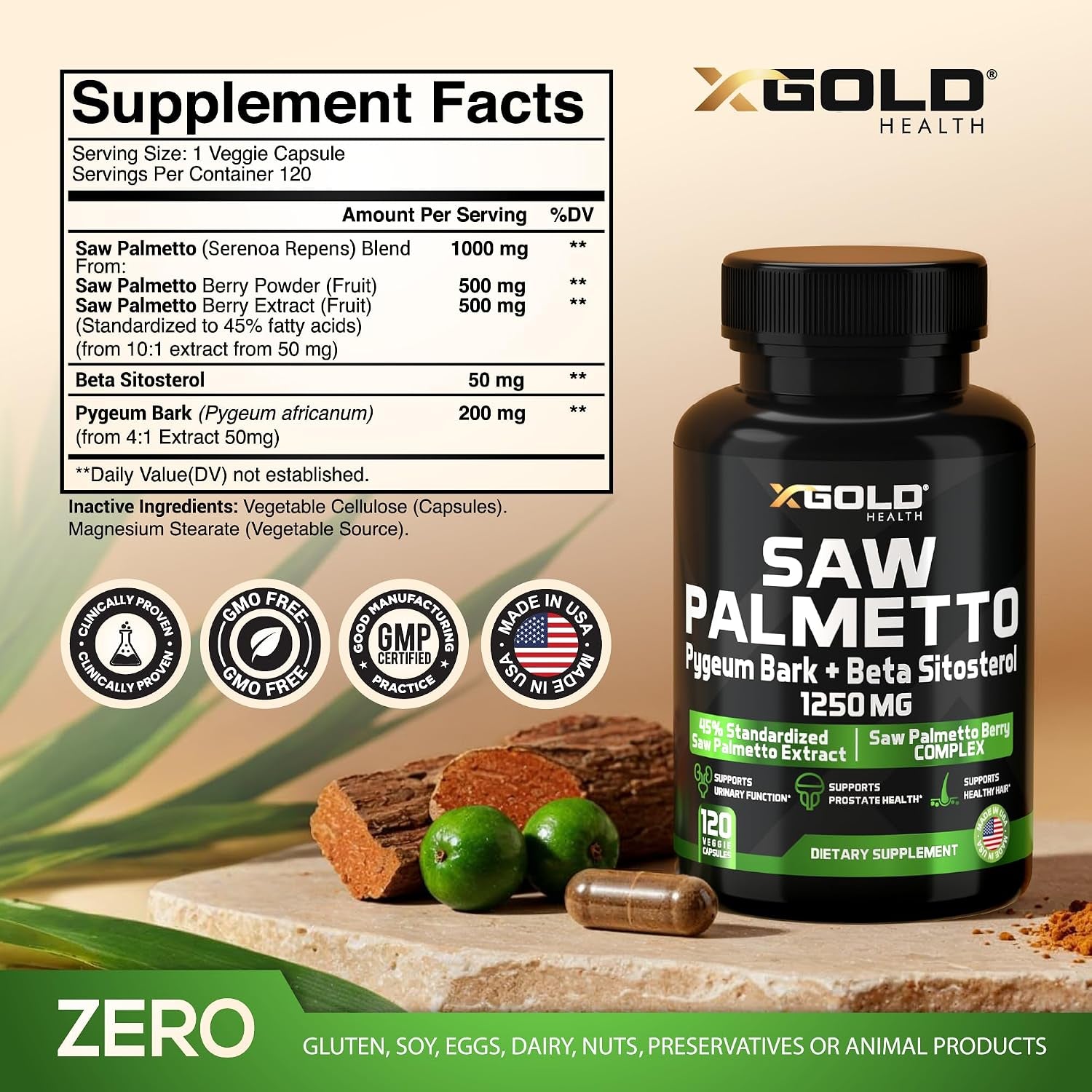 X Gold Health Saw Palmetto Complex for Men 1250Mg – Prostate & Urinary Support with Beta Sitosterol & Pygeum Bark – DHT Blocker for Hair Growth – 120 Veggie Capsules