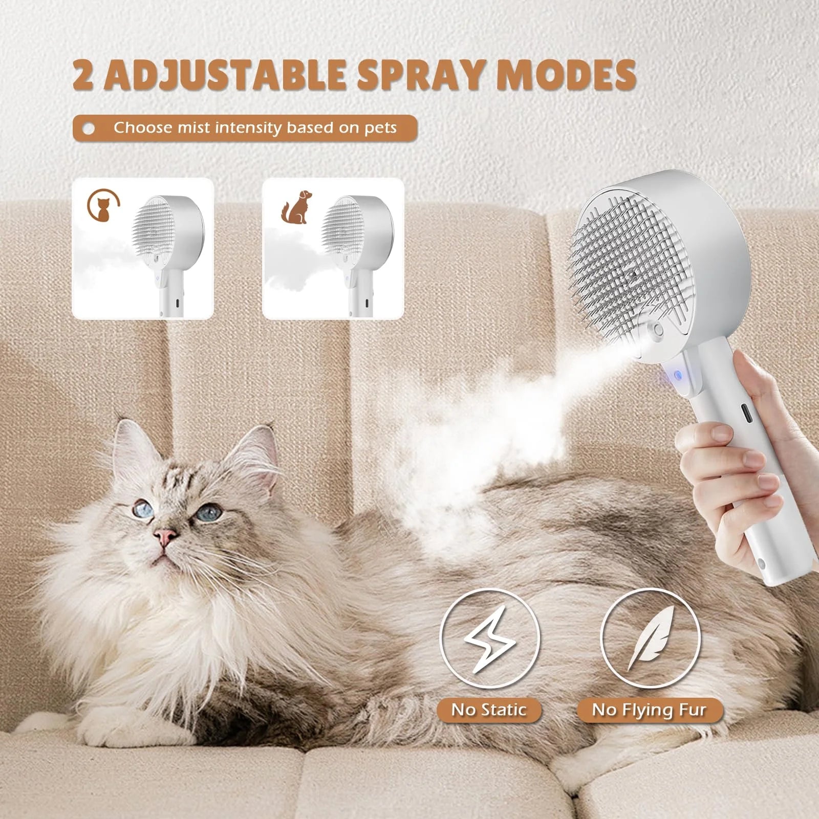 Cat Brush - 4-In-1 Cat Steam Brush for Shedding, Self-Cleaning, Grooming & Massage, Pet Spray Hair Removal Comb for Indoor Cats & Dogs, Long/Short Hair, Furry Pet - White
