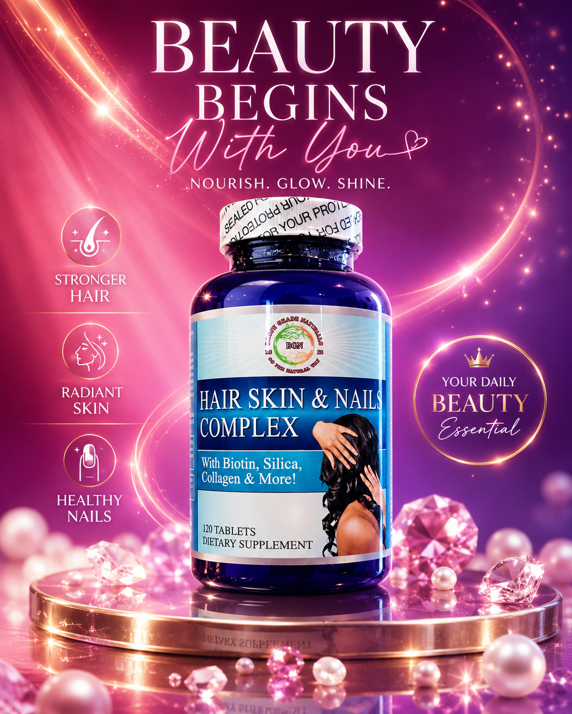 Hair Skin & Nails Complex – Biotin, Silica, Collagen & Essential Nutrients | 120 Tablets